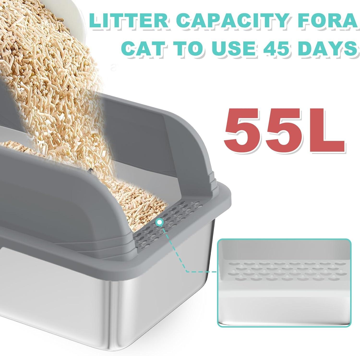 Enclosed Stainless Steel Cat Litter Box with Lid Extra Large Litter Box for Big Cats XL Metal Litter Pan Tray with High Wall Sides Enclosure, Non-Sticky, Anti-Leakage, Easy Cleaning