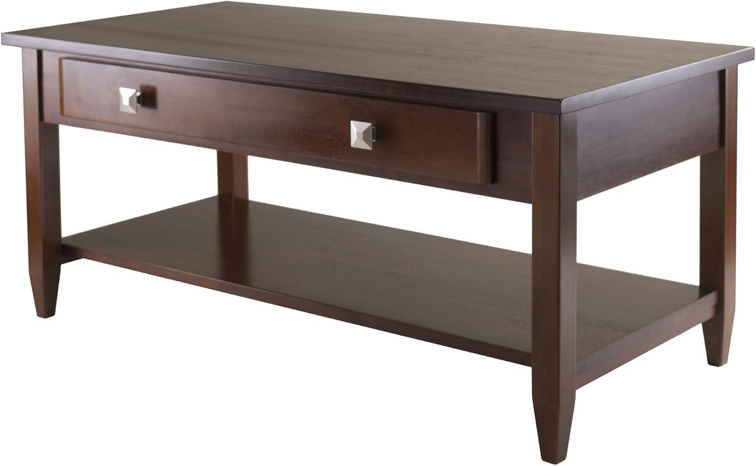 Richmond Coffee Table with Tapered Leg Walnut Finish - Winsome: Storage Shelf, Modern Brushed-Chrome Knobs