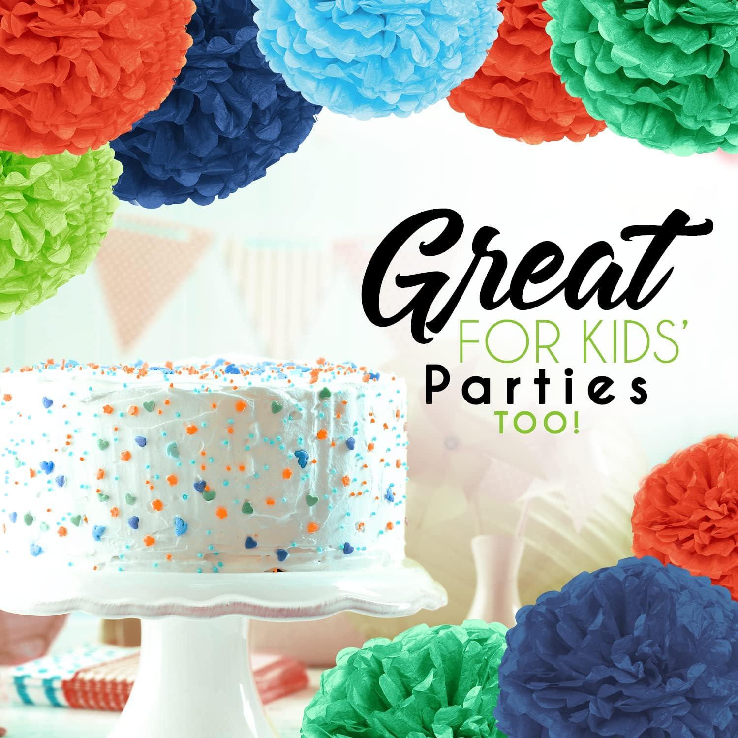 20-Piece Tissue Paper Pom Poms Party Decorations Kit - Orange, Blue, Teal, Green & Light Green | 6", 8", 10", 12" & 14"