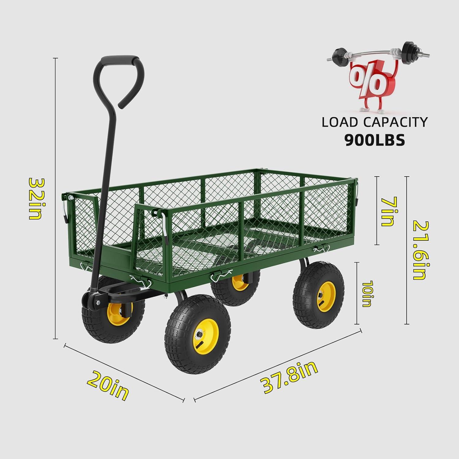 Homdox Steel Garden Cart 880 lbs Capacity Heavy Duty Garden Wagons,with Removable Steel Mesh Sides to Convert into Flatbed,Utility Metal Wagon w/ 180°Rotating Handle and 2 Tags Recyclable