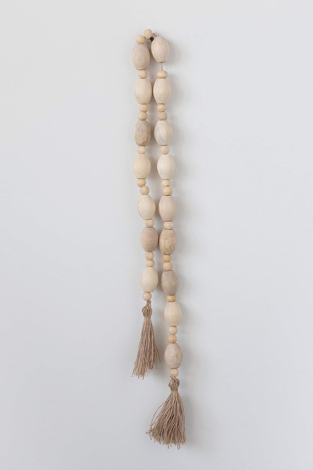 Creative Co-Op 60"L Mango Wood Bead Garland with Jute Tassels