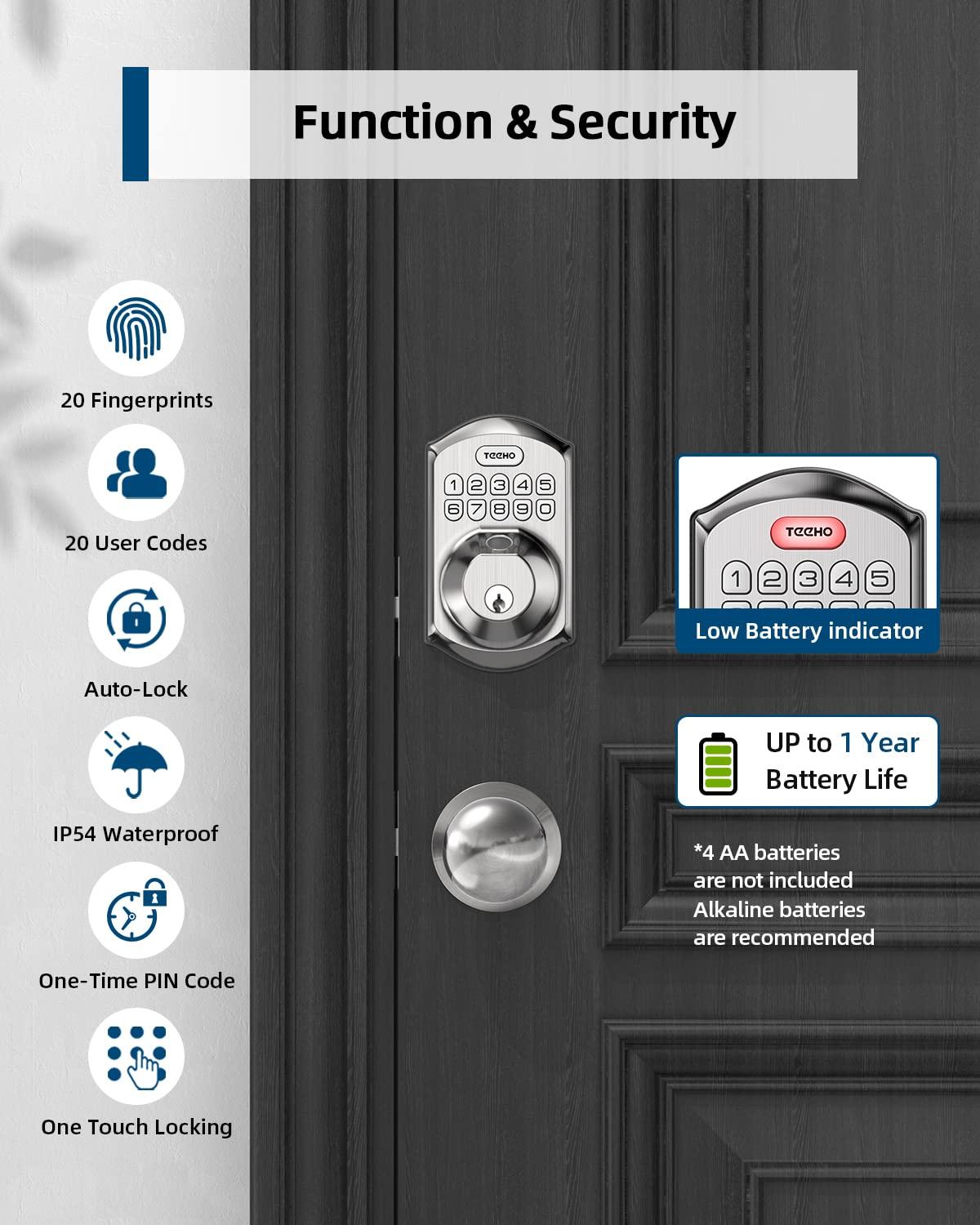 TEEHO Fingerpint Keyless Entry Keypad, Smart Digital Deadbolt Door Lock for Front Door, Remotely Share Temporary PIN Code, Easy Installation-Satin Nickel