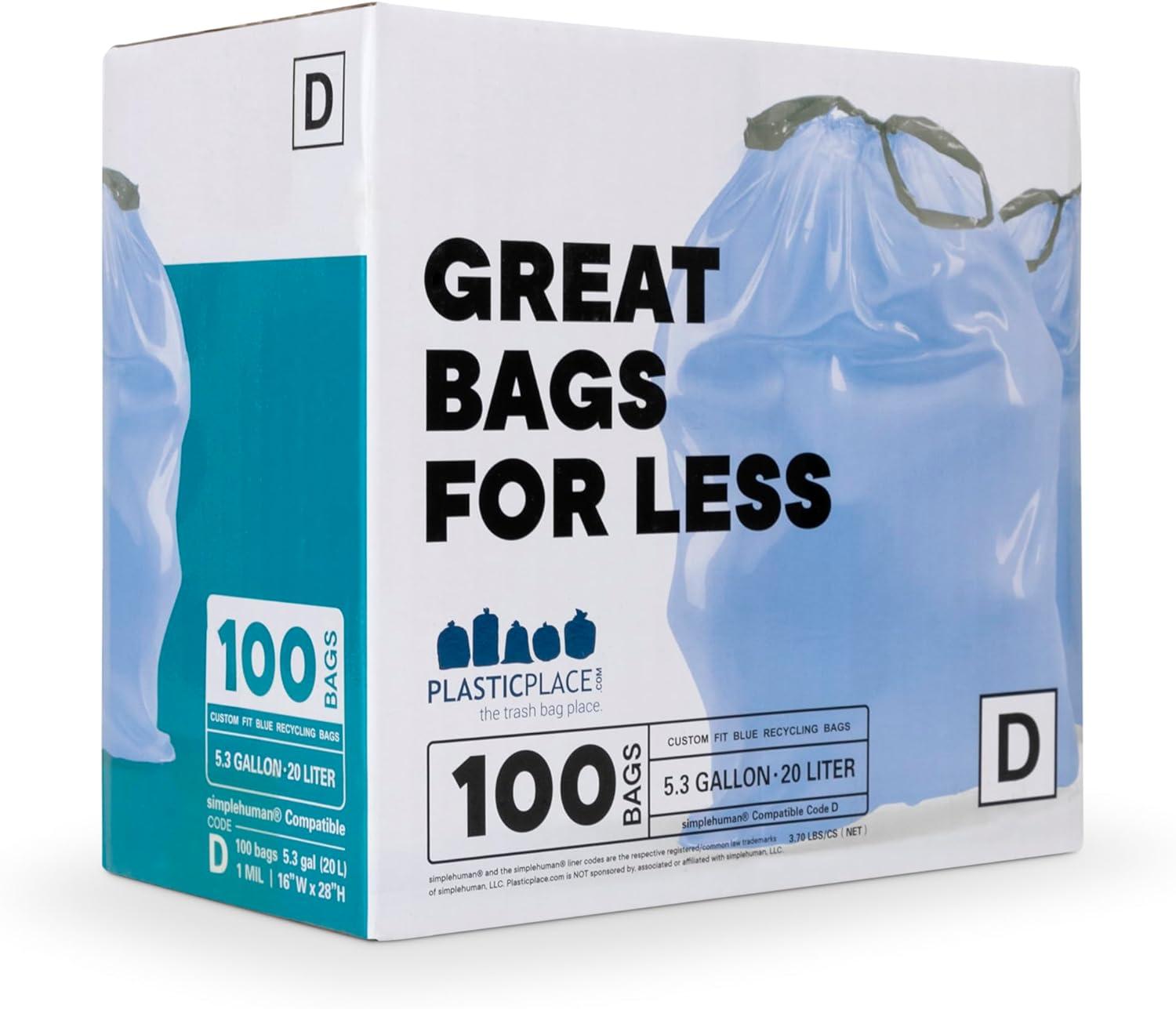 Plasticplace Trash Bags Compatible with simplehuman Code D (100 Count) Blue Recycling Bags 5.3 Gallon / 20 Liter 15.75"" x 28"