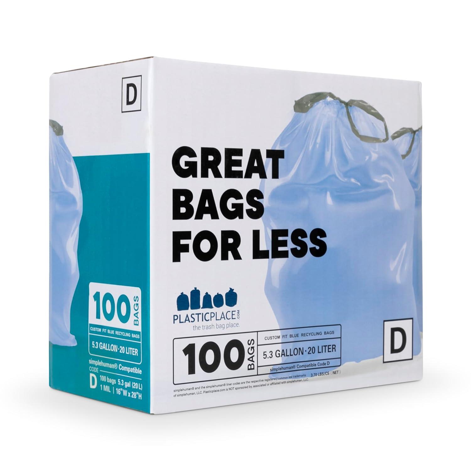 Plasticplace Trash Bags Compatible with simplehuman Code D (100 Count) Blue Recycling Bags 5.3 Gallon / 20 Liter 15.75"" x 28"