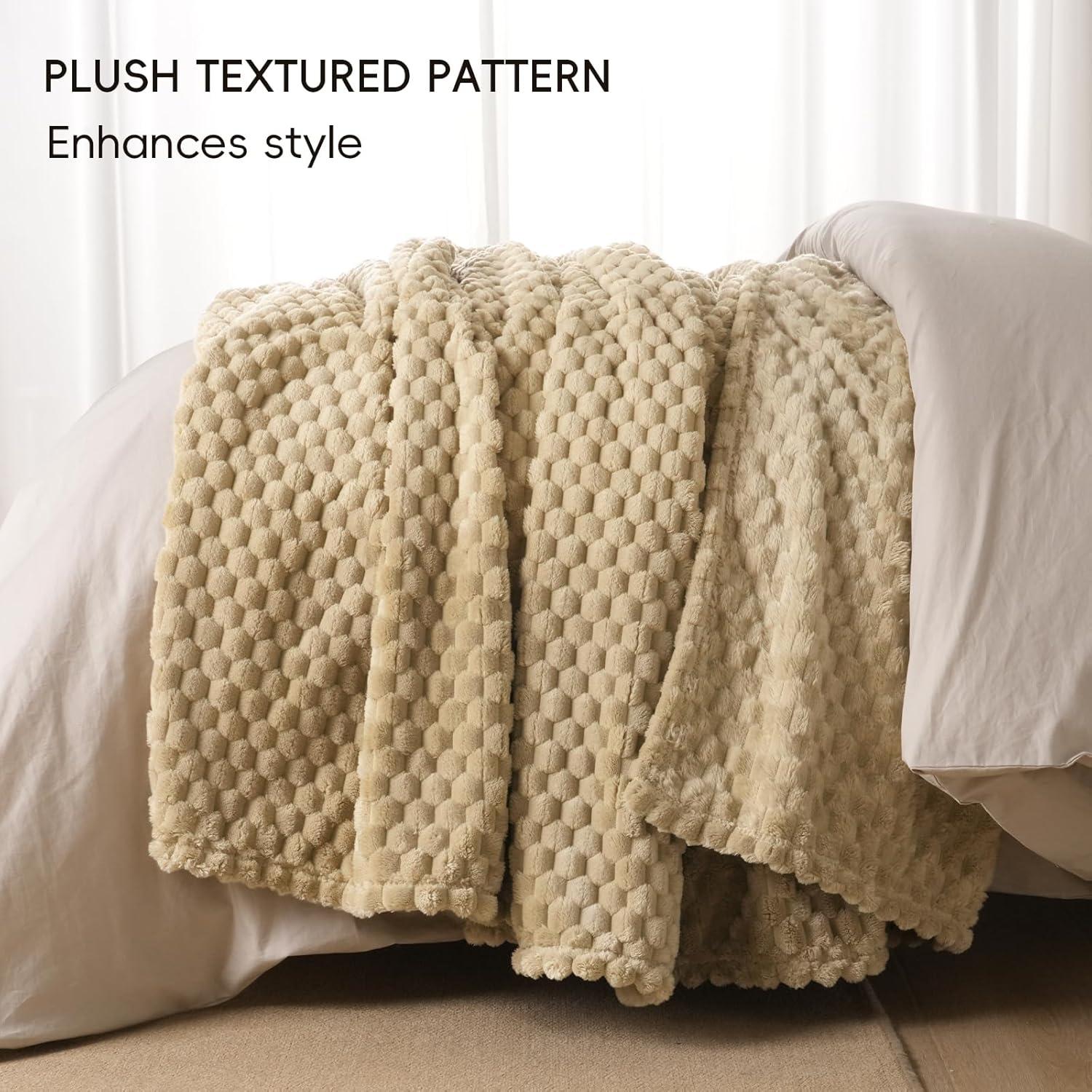 PHF Ultra Soft Flannel Fleece Blanket King Size, Lightweight 3D Jacquard Fleece Blanket, No Shedding, No Pilling, Luxury 340GSM Aesthetic Fluffy Cozy for Bed Room Decor, 108"x90", Camel/Light Khaki