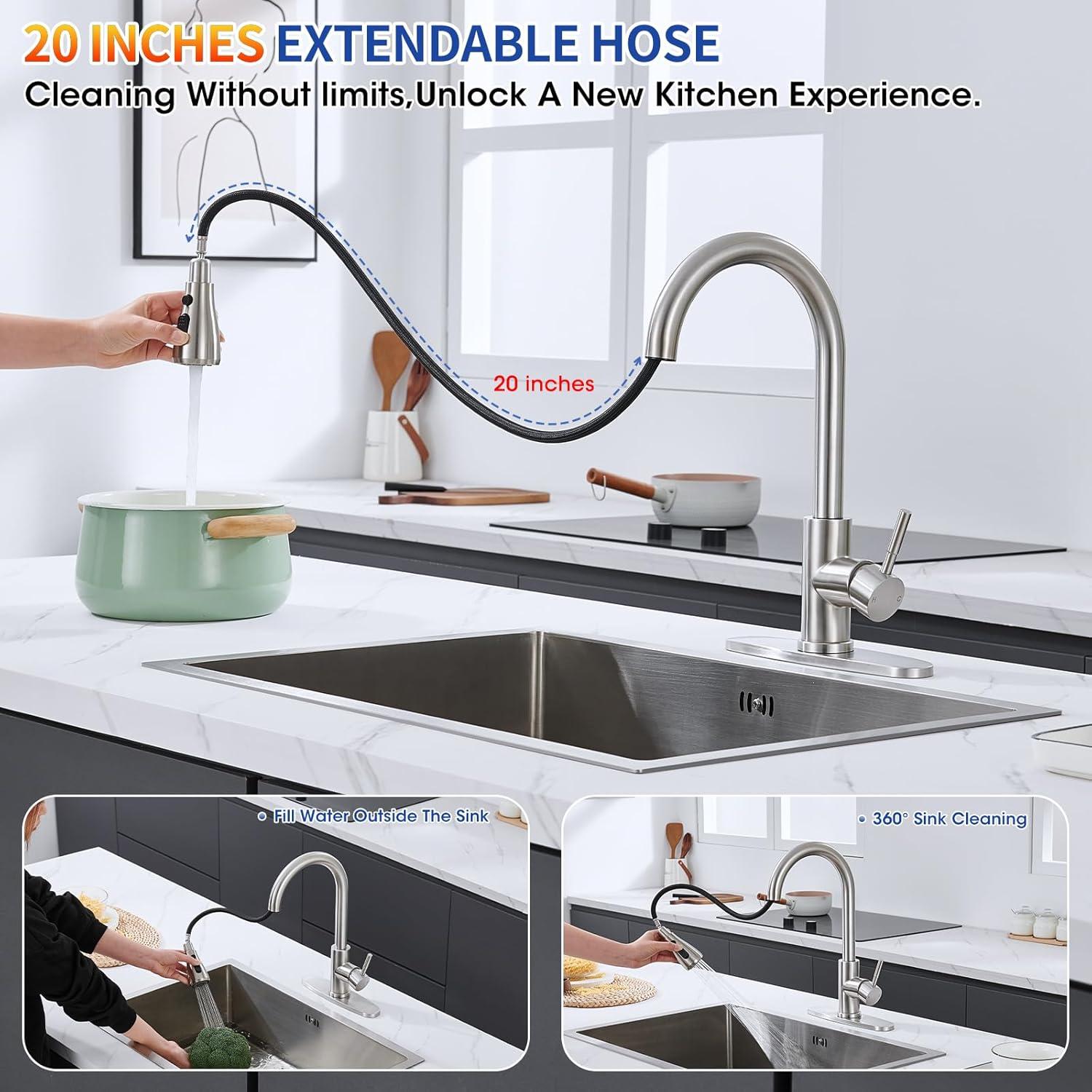MODERN WALLS LLC B07Y4Y88Y6 Kitchen Faucets, Brushed Nickel Kitchen Faucet With Pull Down Sprayer, High Arc Single Handle Stainless Steel Sink Faucets 1 Or 3 Hole, Kitchen Sink Faucets For Farmhouse Camper Laundry Rv Bar