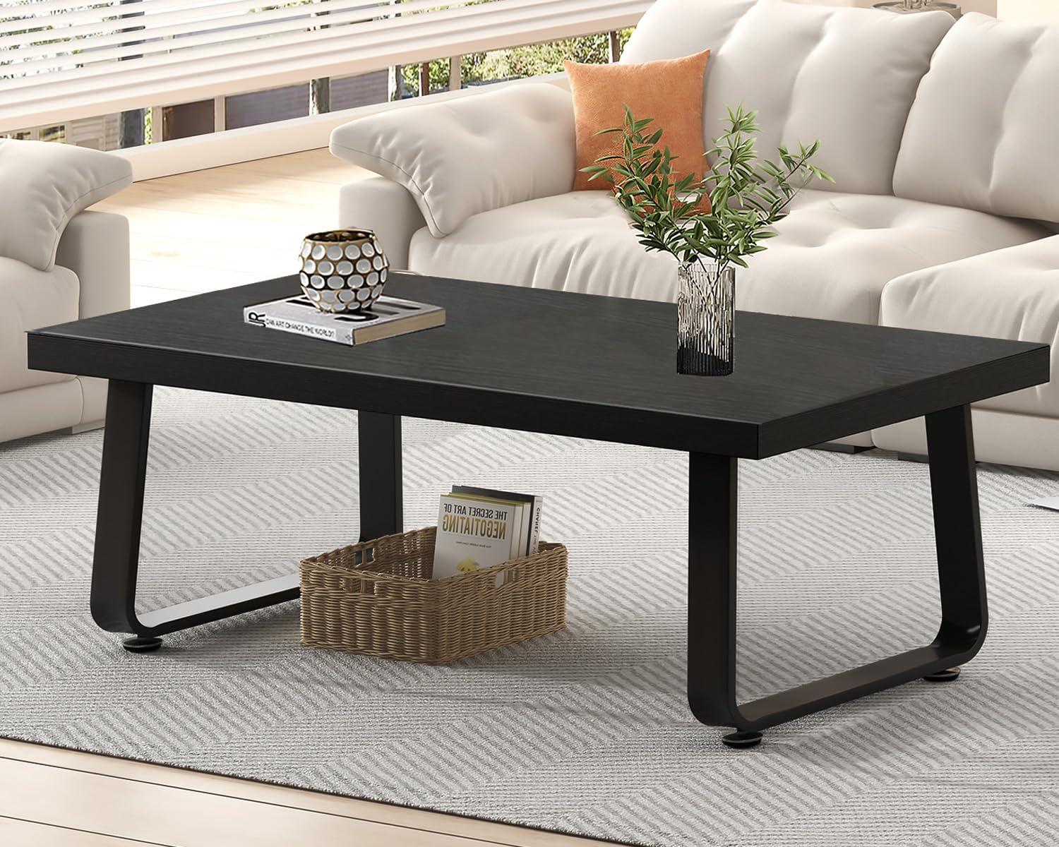 Latitude Run® Black Coffee Table, Industrial Wood And Metal Legs Center Table, Black Oak, 47 Inch