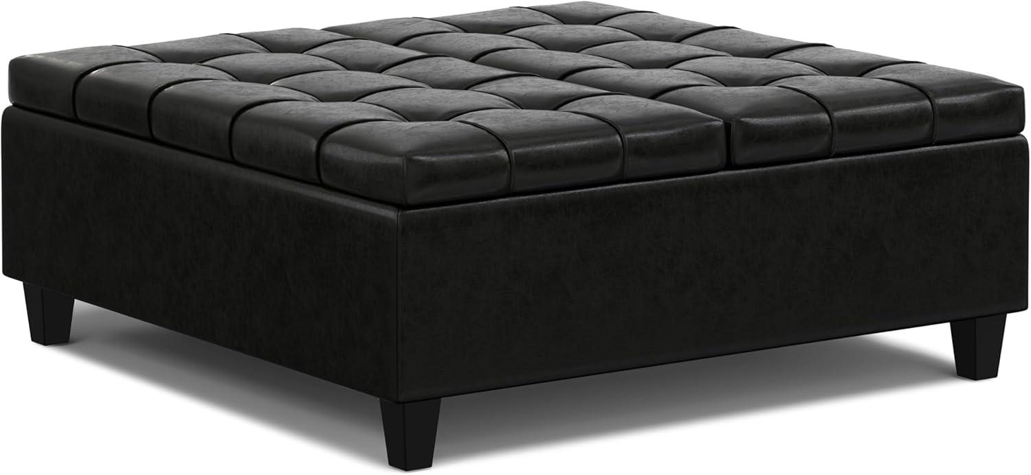 Simpli Home Harrison 40 inch Wide Transitional Square Large Coffee Table Storage Ottoman in Midnight Black Vegan Faux Leather