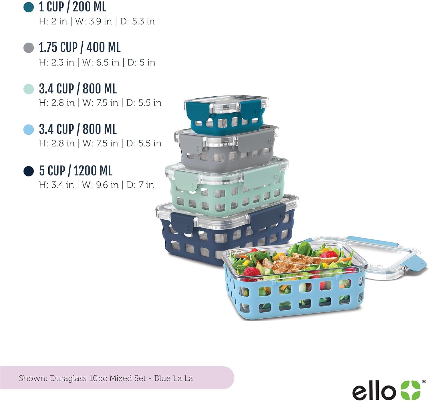 Ello Duraglass BLUE Glass Food Container - Silicone Protection, 10PC Set