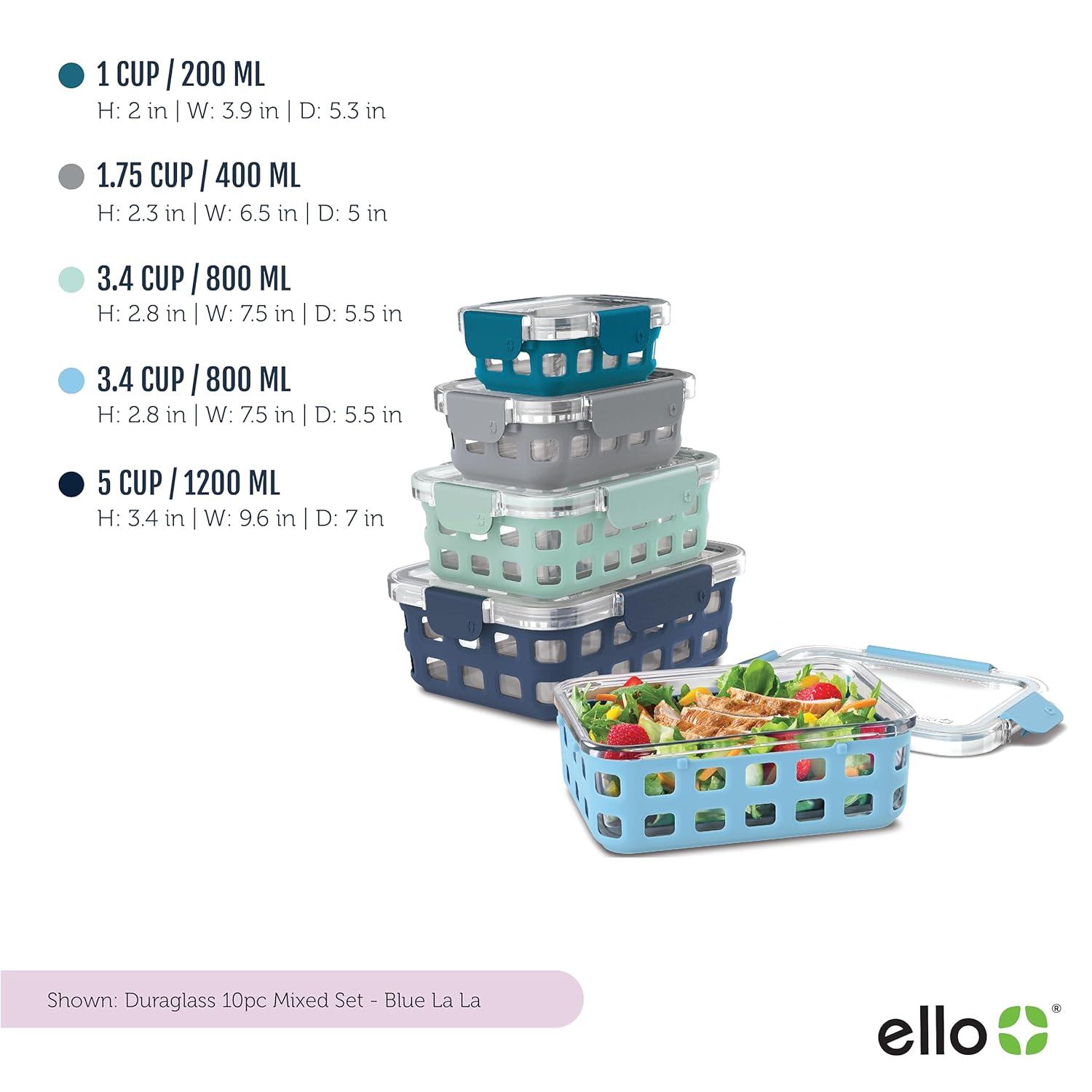 Ello Duraglass BLUE Glass Food Container - Silicone Protection, 10PC Set