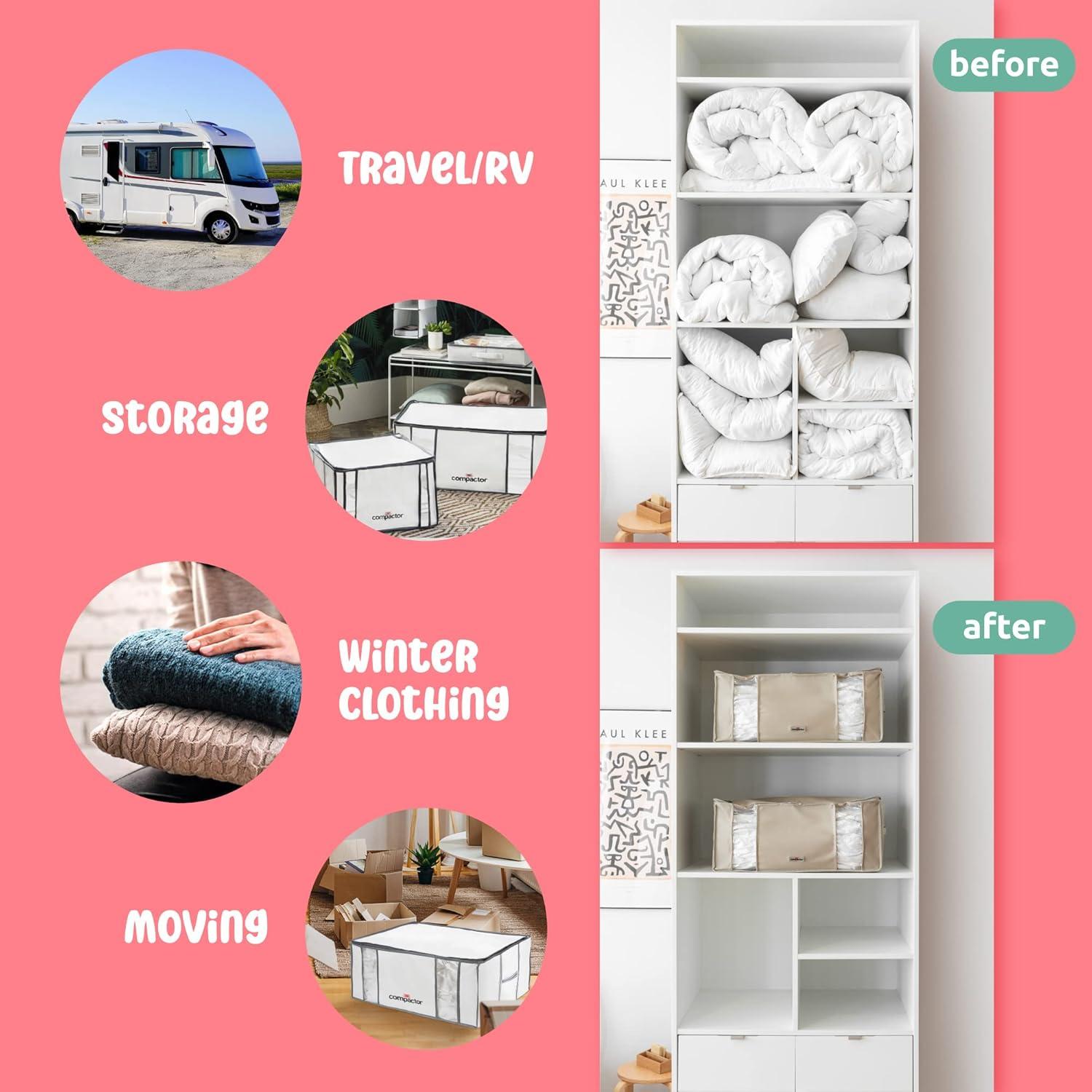 Compactor XXL, Vacuum Storage Bags, Vacuum Seal Bags for Clothing with Semi-Rigid Box, Cube Storage Organizer for Comforters & Blankets