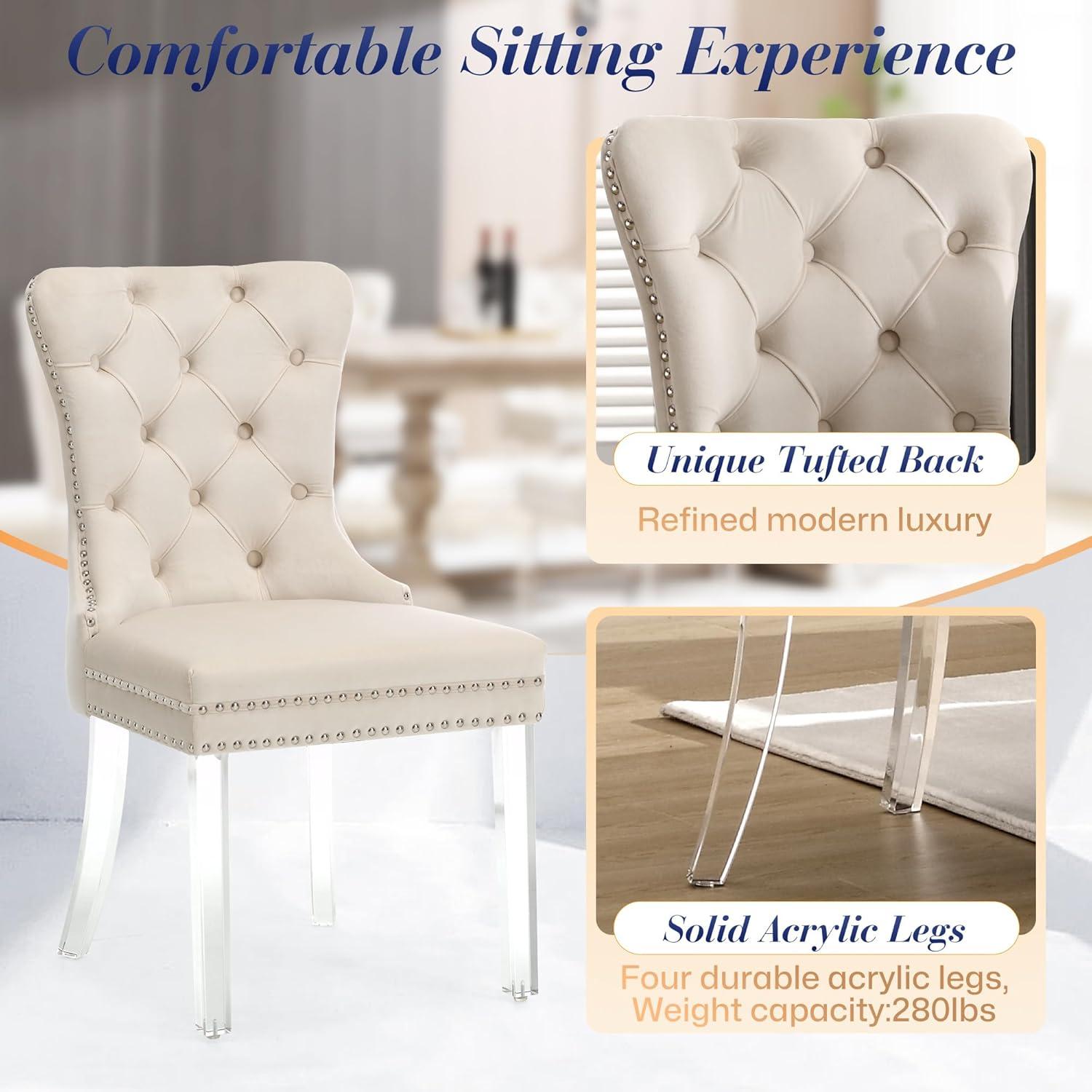 SoarFlash Velvet Dining Chairs Set of 4, Tall Back Side Chair, Modern Upholstered High-end Tufted Side Chair with Button Back Ring, Solid Wood Legs (Beige)