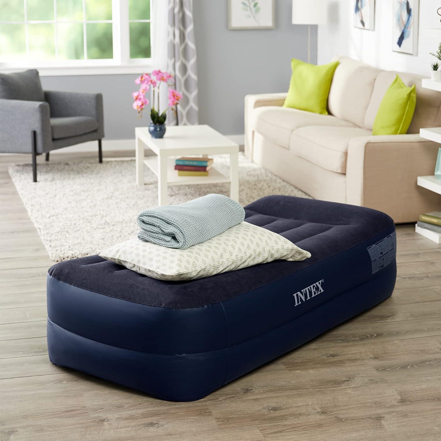 Intex Dura-Beam Pillow Rest Fiber Tech Air Mattress Bed w/ Built In Pump, Twin