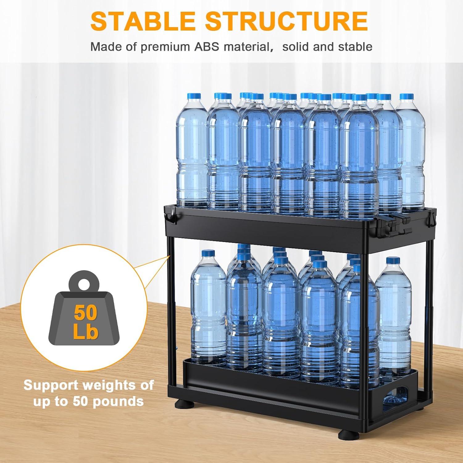 Rebrilliant Under Sink Organizers And Storage, 2 Pack Height Adjustable Bathroom Cabinet Organizer, 2 Tier Sliding Under Sink Organizer, Sturdy Pull Out Bathroom Storage, With 12 Hooks & Hanging Cups, Black