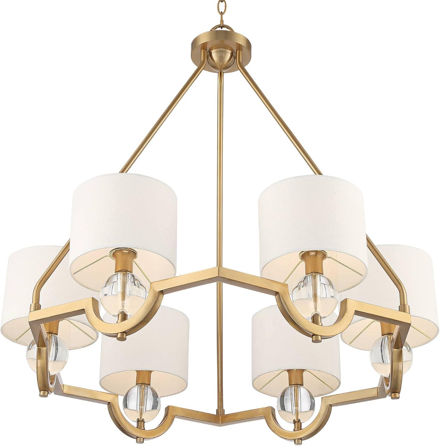 Stiffel Warm Brass Chandelier 32" Wide Modern Clear Crystal Off White Drum Shade 6-Light Fixture for Dining Room House Kitchen