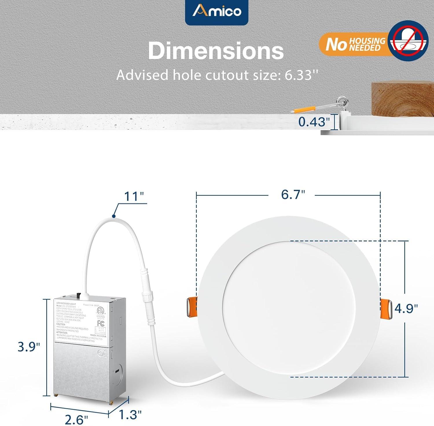 Beslowe 6 Packs 6 Inch 5CCT LED Recessed Ceiling Lights Ultra-Thin with Junction Box, 12W 150W Eqv, 3000K/3500K/4000K/5000K/6500K, 1200LM Dimmable Canless Downlights for Kitchen Hallway Dining Room