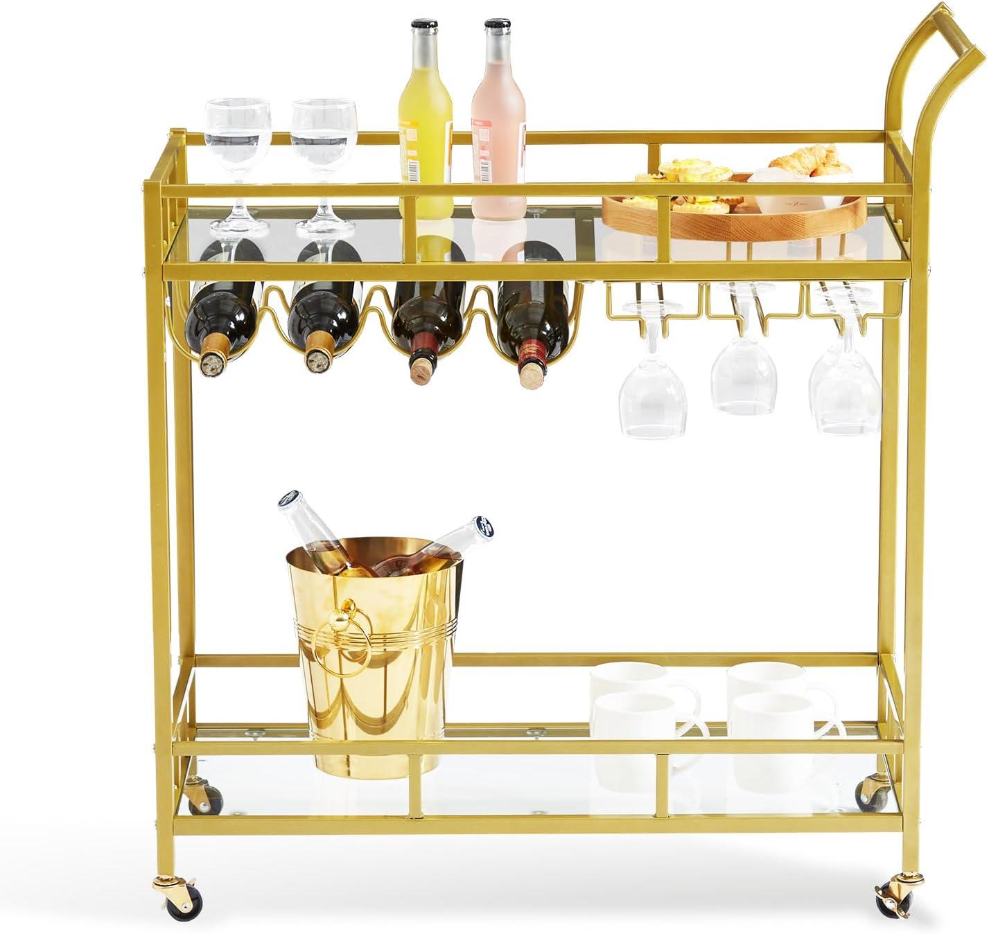 Gold Two-Tier Bar Cart with Wine Rack and Glass Shelves