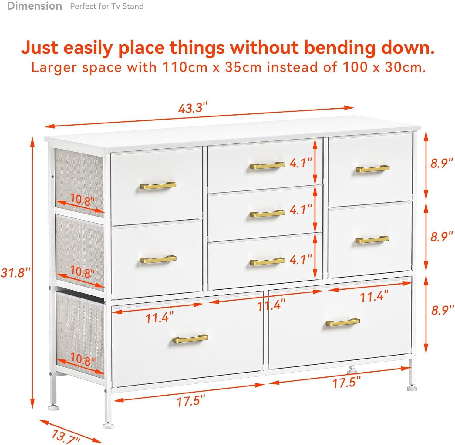 White Fabric Chest of Drawers with Leather Finish, Wide Dresser for Bedroom & Living Room TV Stand, Entertainment Center, Featuring 9 Drawers for 50” TV