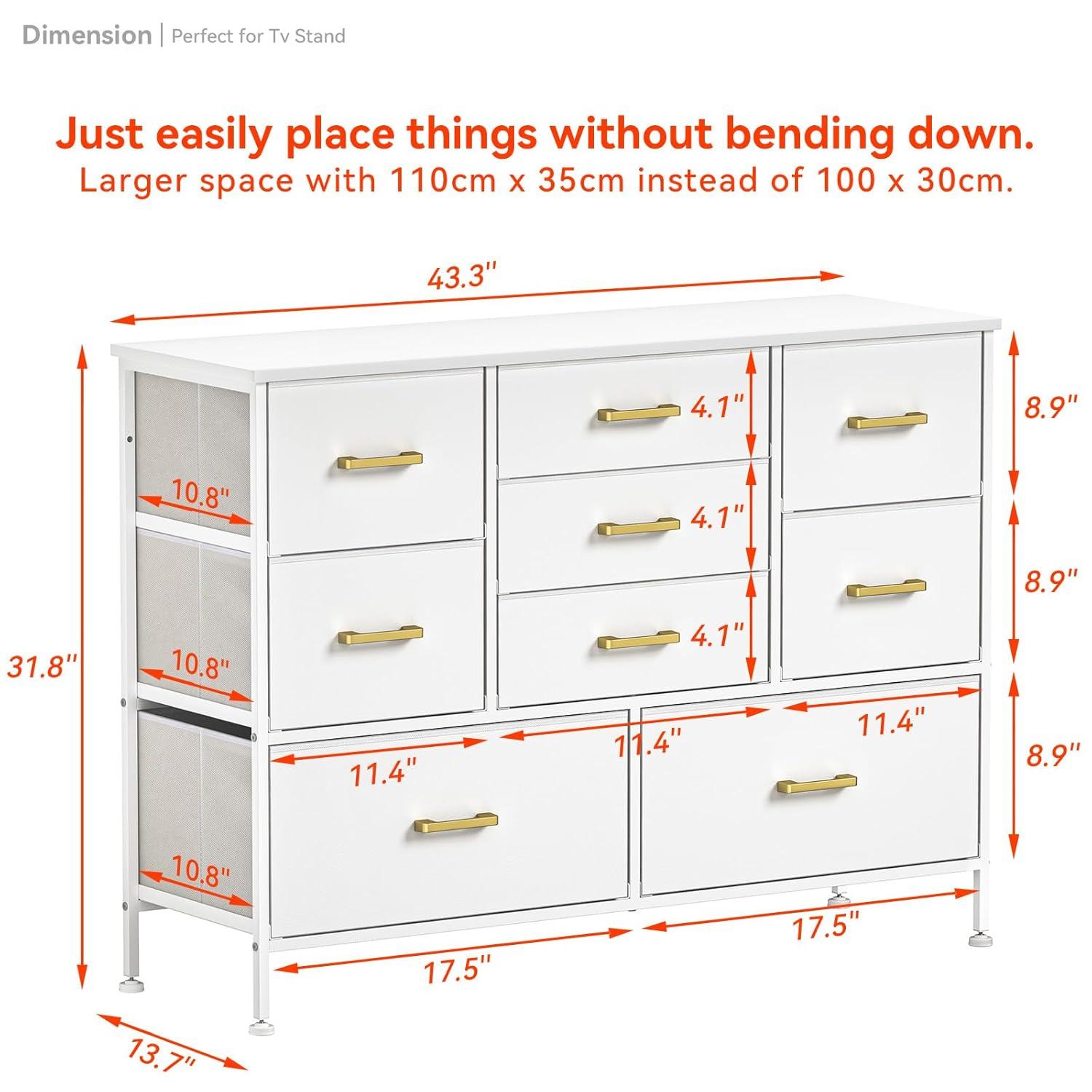 White Fabric Chest of Drawers with Leather Finish, Wide Dresser for Bedroom & Living Room TV Stand, Entertainment Center, Featuring 9 Drawers for 50” TV
