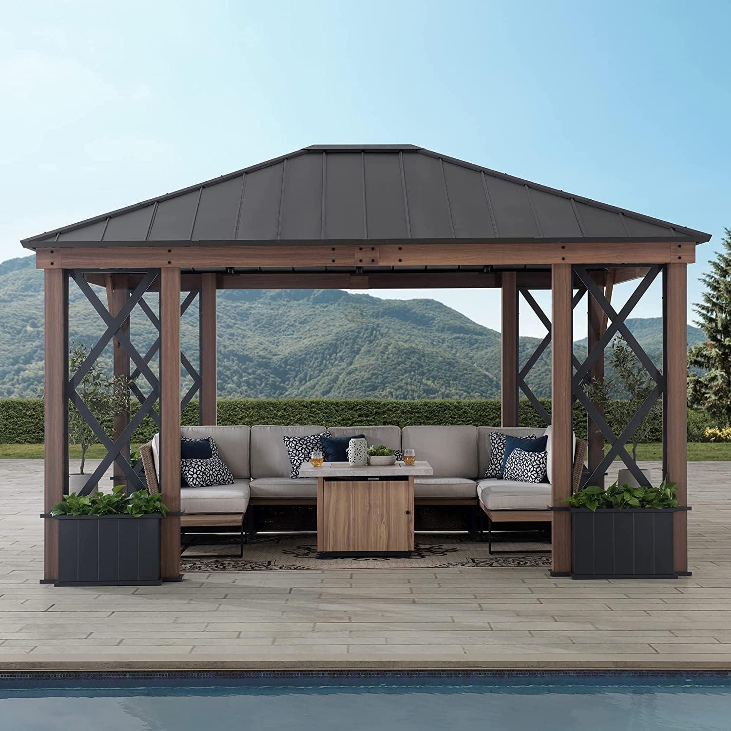 Sunjoy Sunjoy 13 ft. x 15 ft. Hardtop Gazebo, Outdoor Black Steel Roof Gazebo Aluminum Framed Gazebo with Planters and Ceiling Hook for Patio, Garden, and Backyard Activities