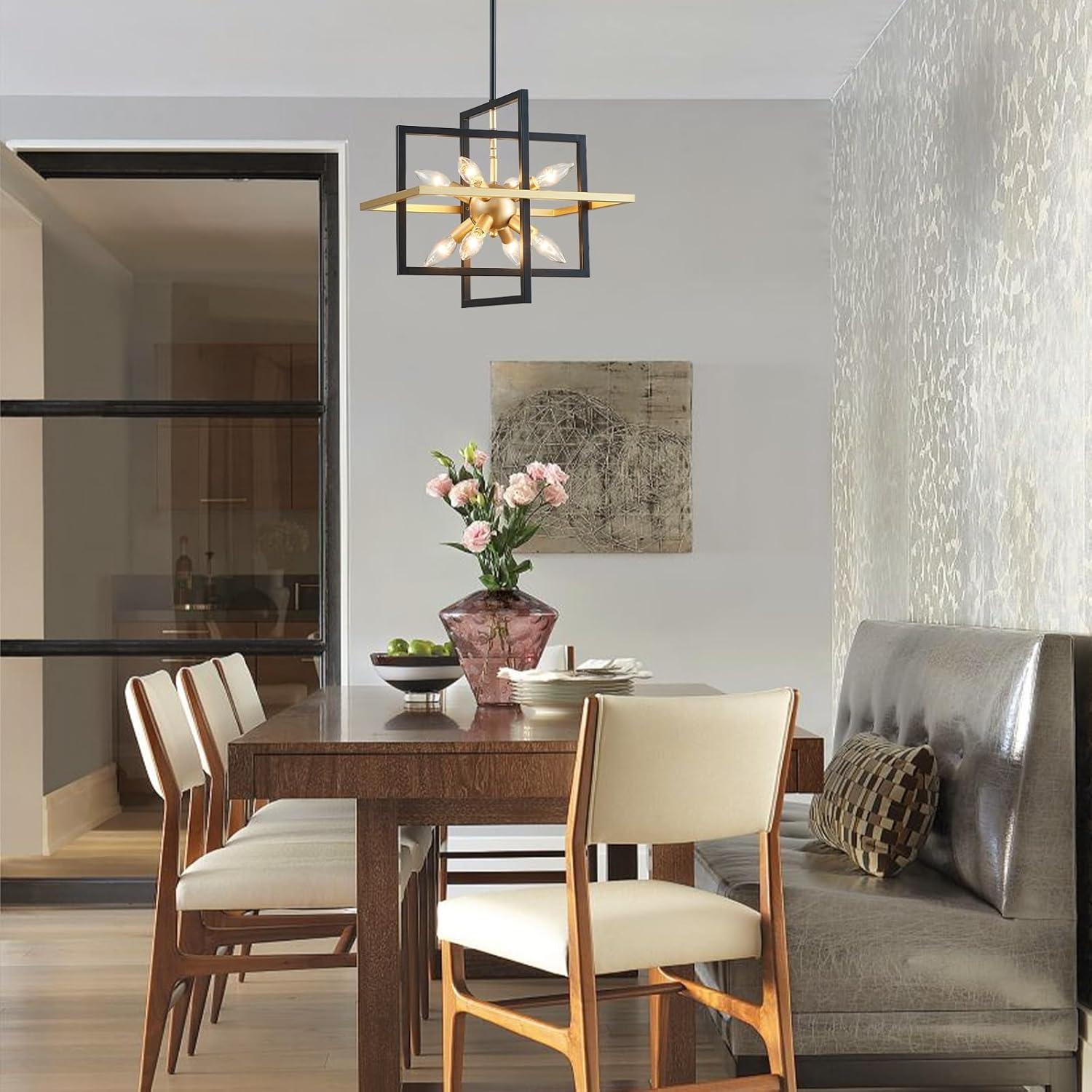 Modern Black and Gold Chandelier, 8-Light Geometric Pendant Light Fixture, Dining Light Fixtures Adjustable Chandelier for Dining Room Entryway Foyer Hallway Bedroom Living Room Kitchen Island