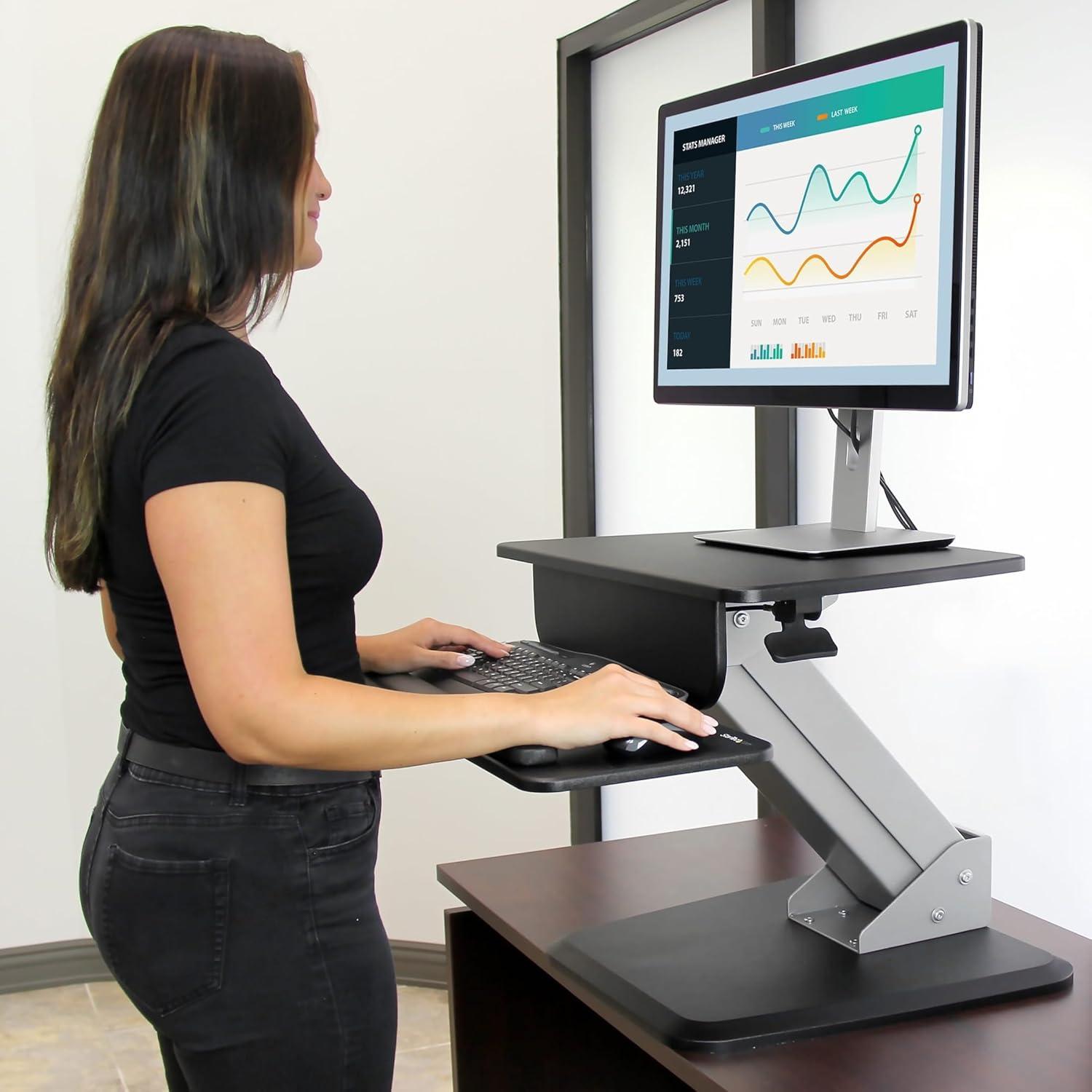 Black and Silver Adjustable Standing Desk Converter with Keyboard Tray