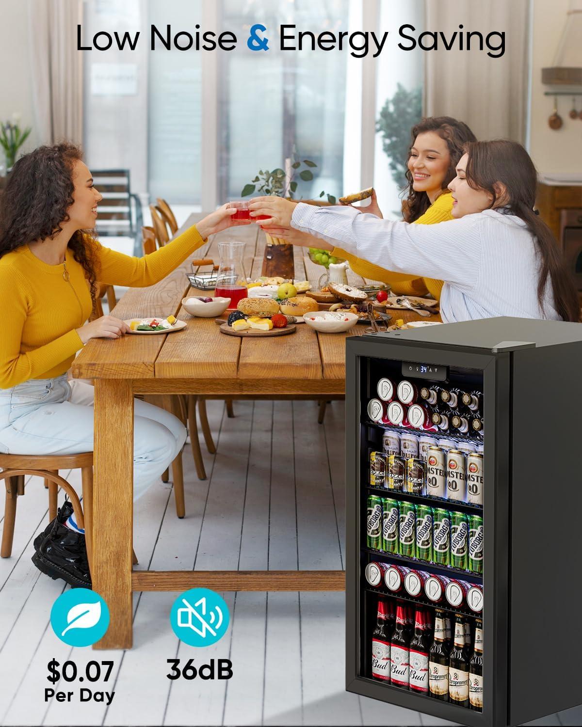 Ivation 126 Can Beverage Refrigerator, Freestanding Mini Fridge with Glass Door - Black