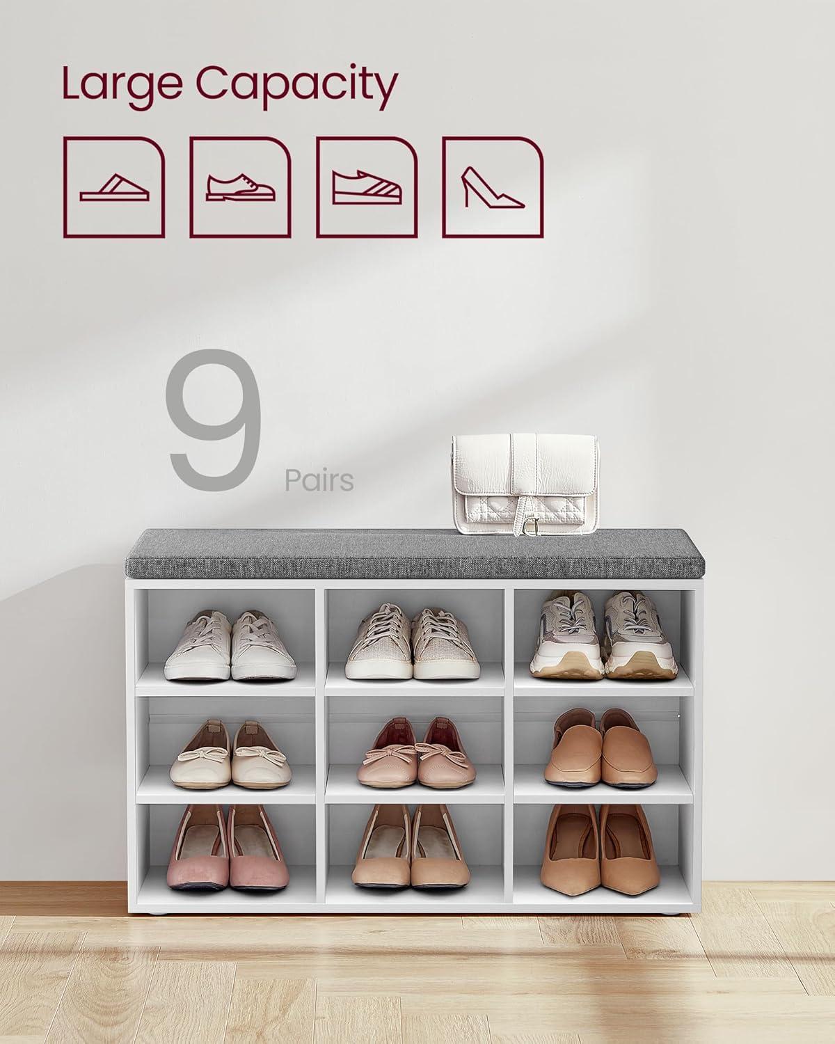 9-Compartment Adjustable Shelves Storage Bench with Cushion, White and Gray