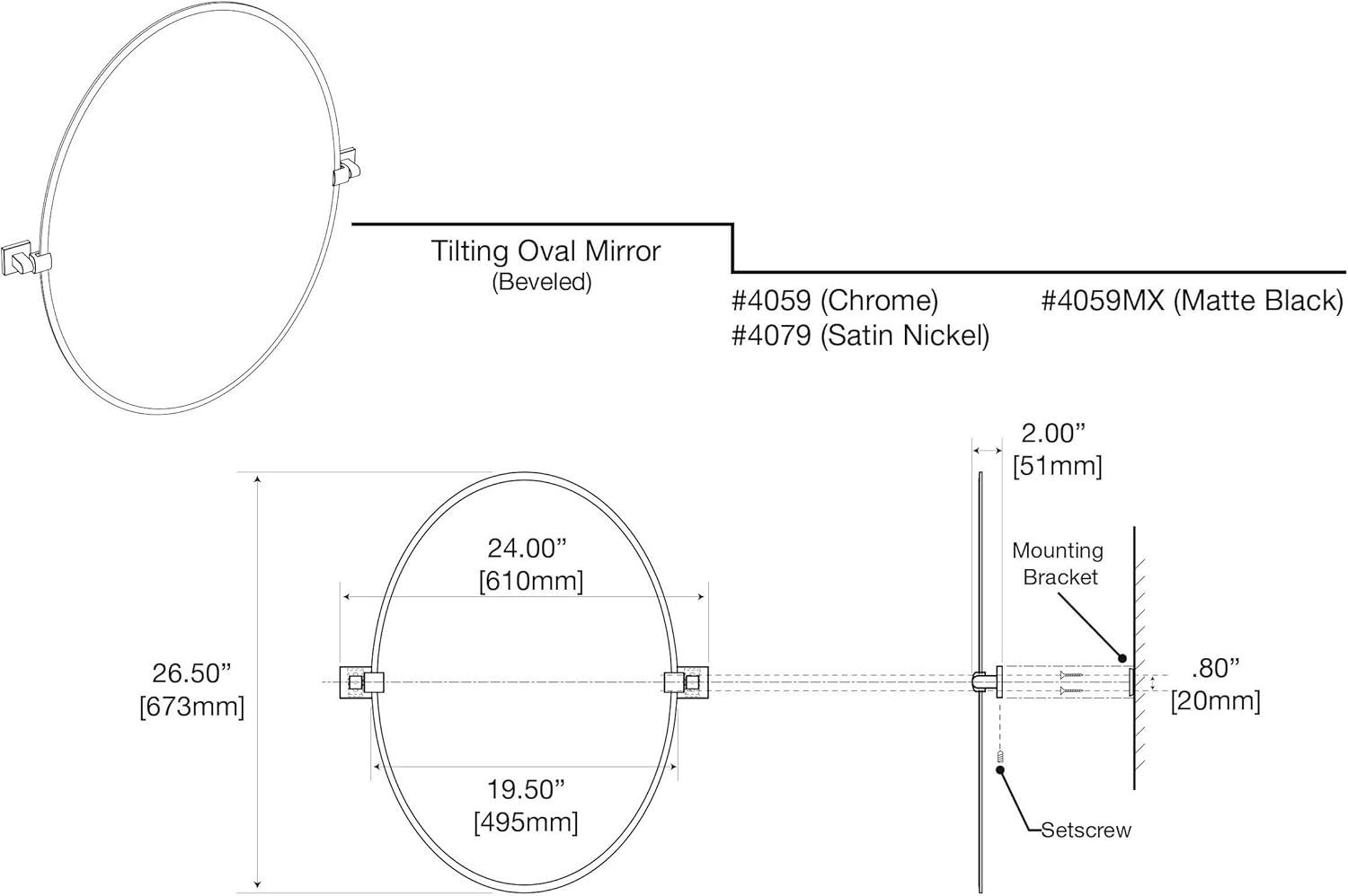 Matte Black Frameless Oval Wall Mirror with Metal Brackets