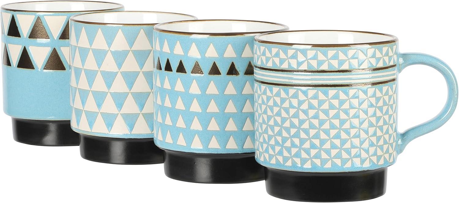 Mr. Coffee Primevalley 4 Piece 14 Ounce Stackable Assorted Wax Relief Triangle Design Mug Set