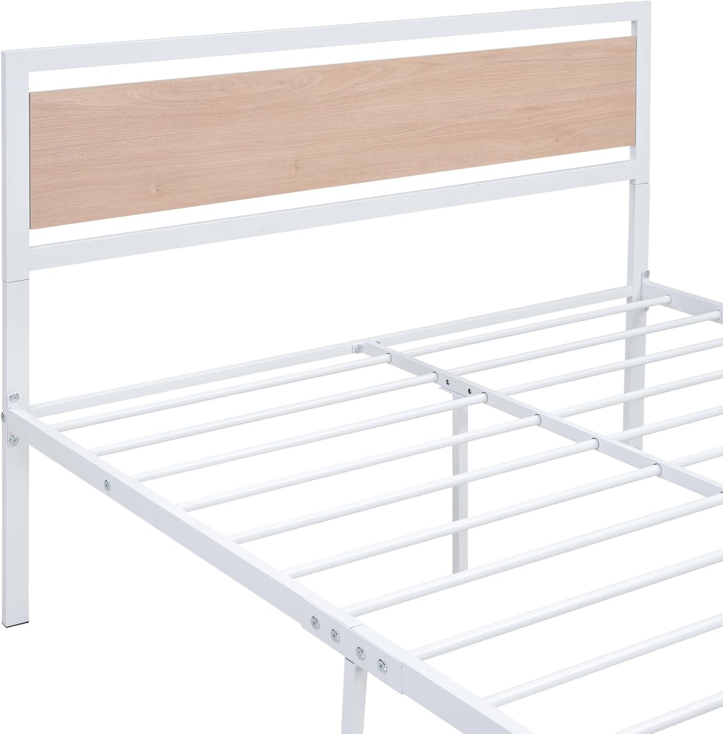 Full Size White Metal and Oak Platform Bed with Headboard