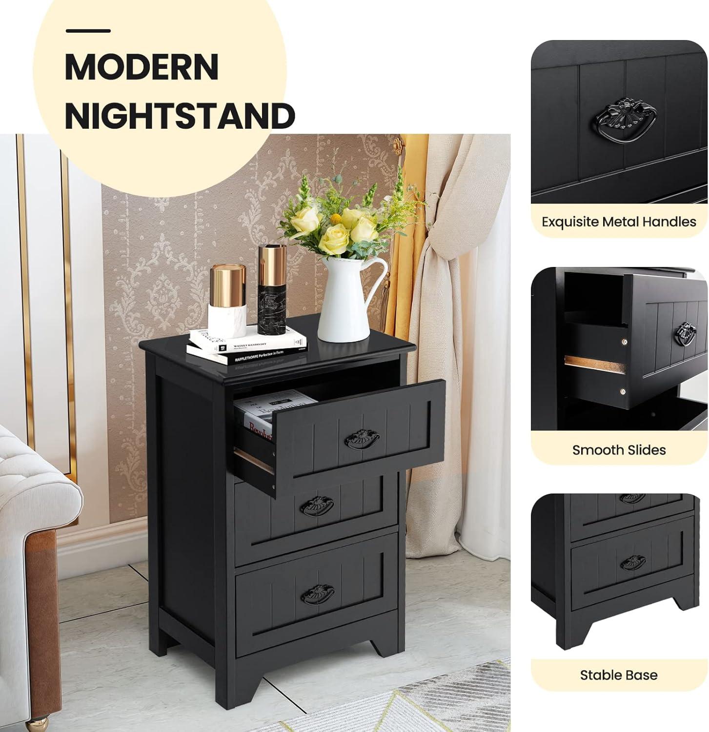 Gymax End Table Nightstand Bedroom Storage w/ 3 Drawers & Wood Slide White