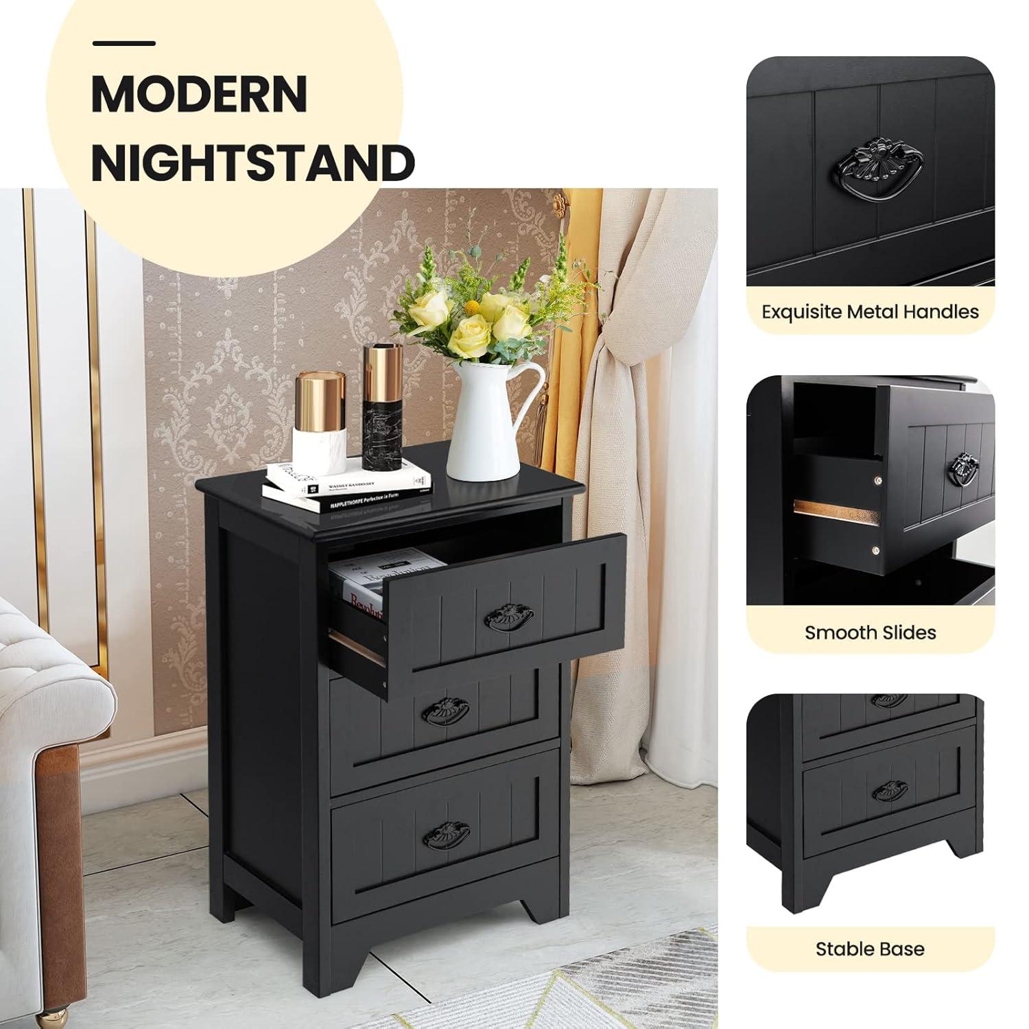 Gymax End Table Nightstand Bedroom Storage w/ 3 Drawers & Wood Slide White
