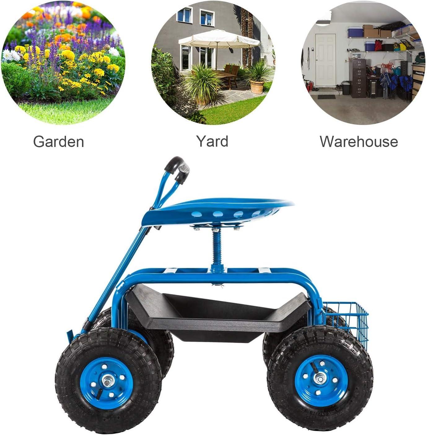 Rolling Garden Cart Scooter Stool - Garden Seat with Wheels Garden Cart with Seat, Adjustable Handle 360 Degree Swivel (Blue)