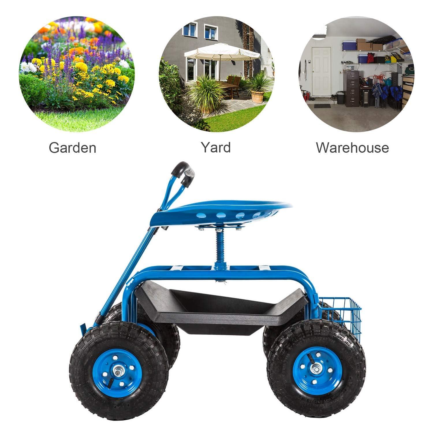 Rolling Garden Cart Scooter Stool - Garden Seat with Wheels Garden Cart with Seat, Adjustable Handle 360 Degree Swivel (Blue)