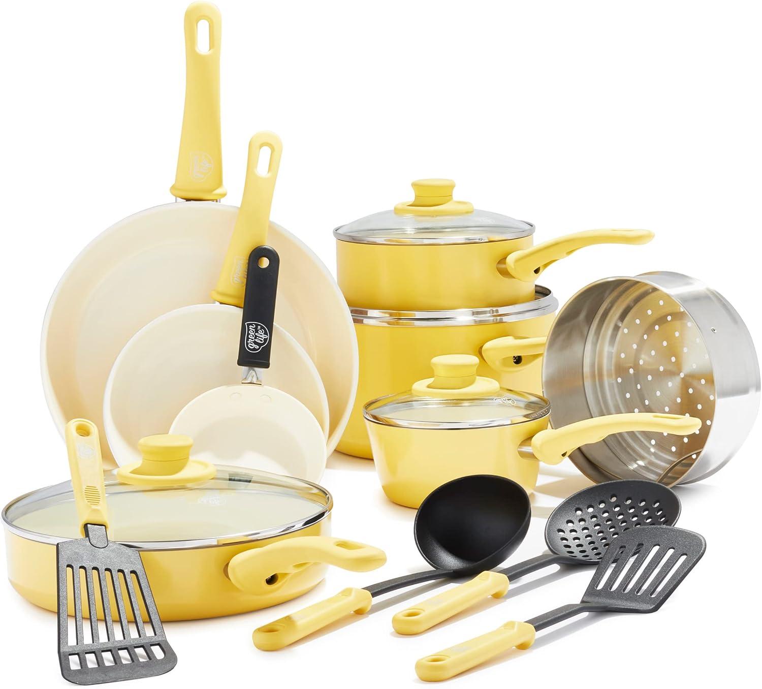 Yellow Ceramic Nonstick 16-Piece Cookware Set with Glass Lids