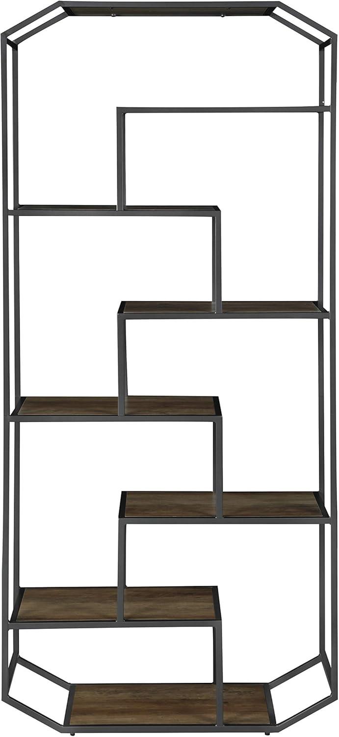 Transitional Rustic Brown and Dark Grey 7-Shelf Bookcase