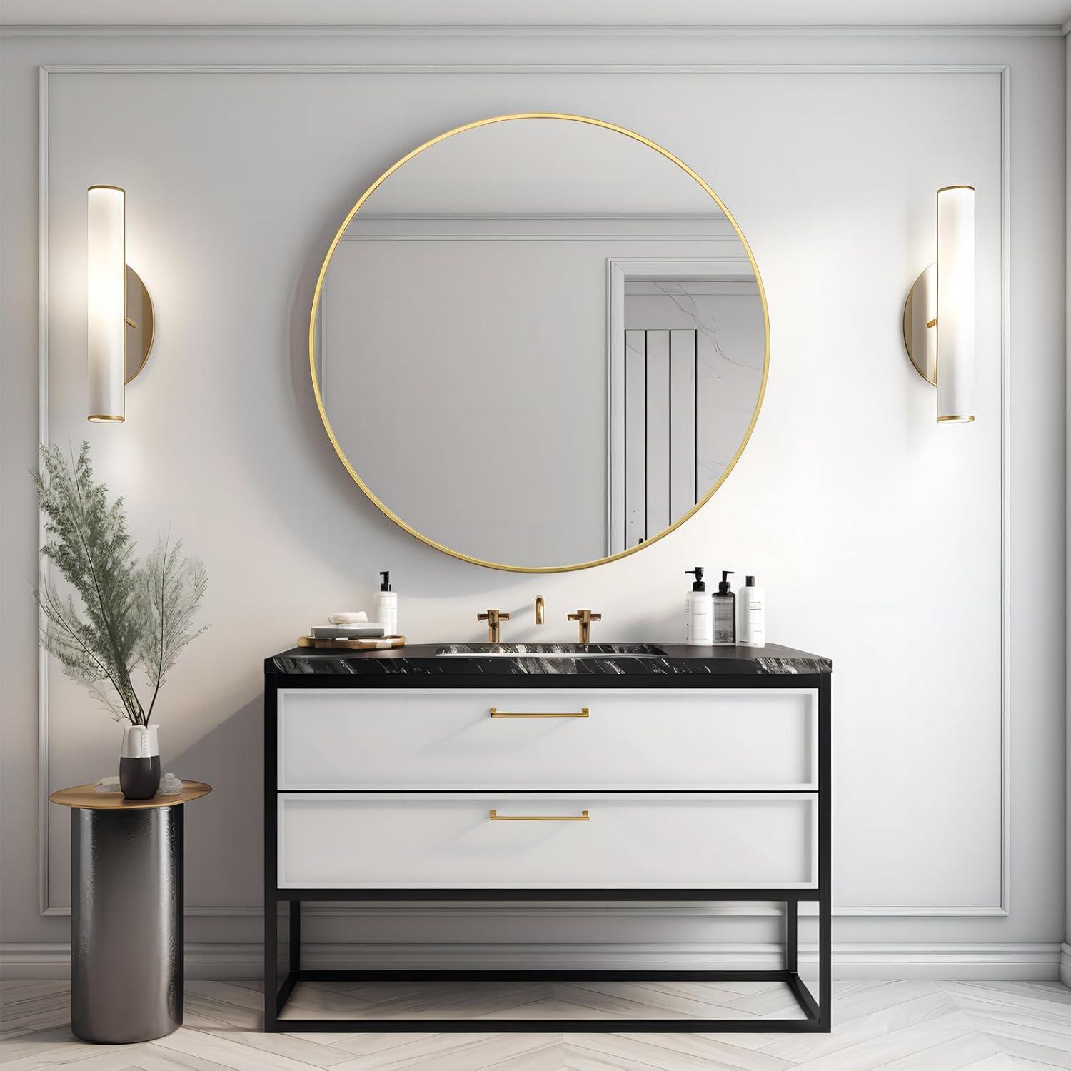 Gold 24 Inch Round Mirror - Bathroom & Wall Decor for Living Room, Entry Way, Bedroom - Metal Framed