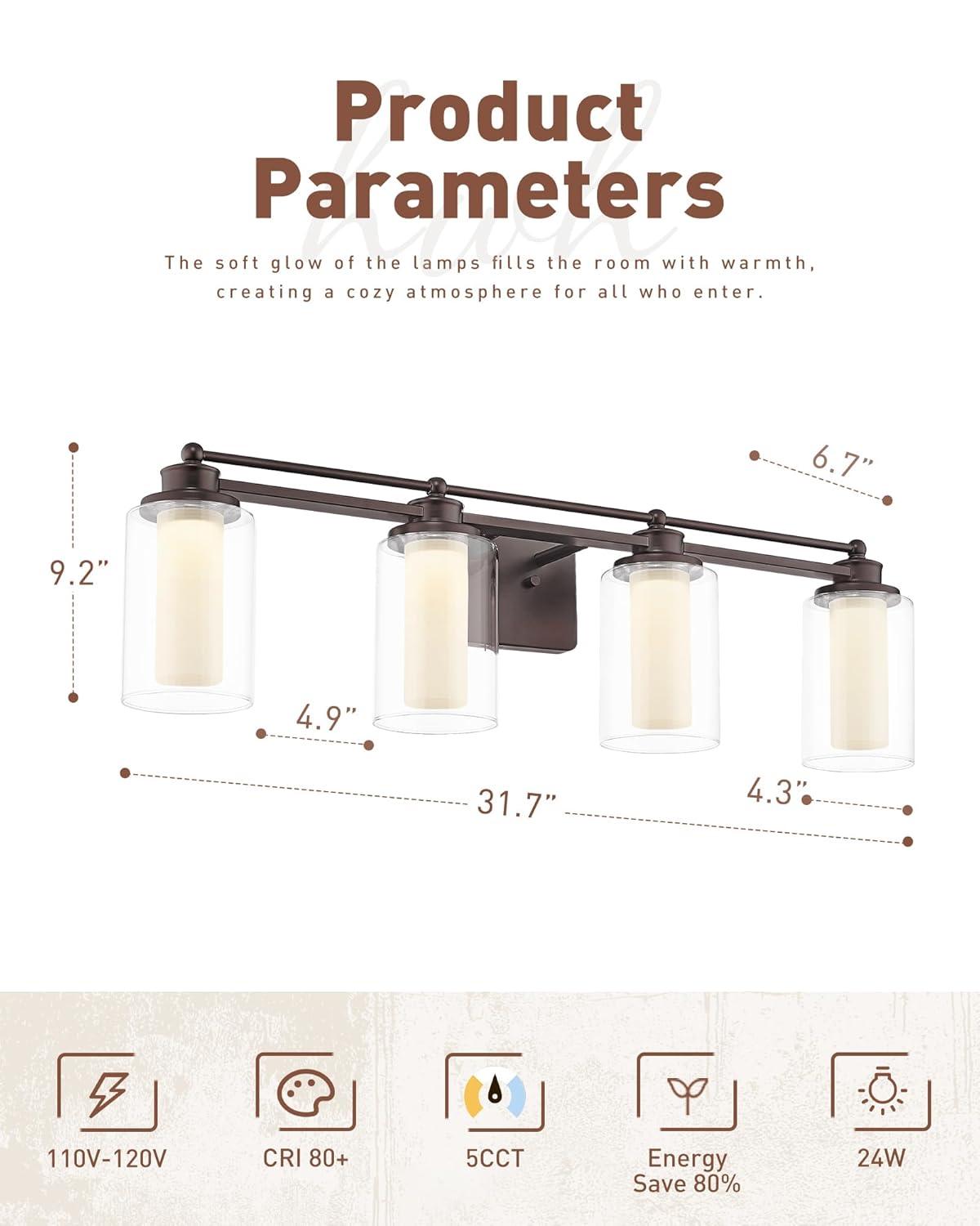 Bathroom Light Fixtures 4 Lights, HWH Oil Rubbed Bronze Bathroom Vanity Light Over Mirror with Clear Glass, 5CCT Dimmable 24W LED Vanity Lights, 5HLT63B-4W-LED ORB