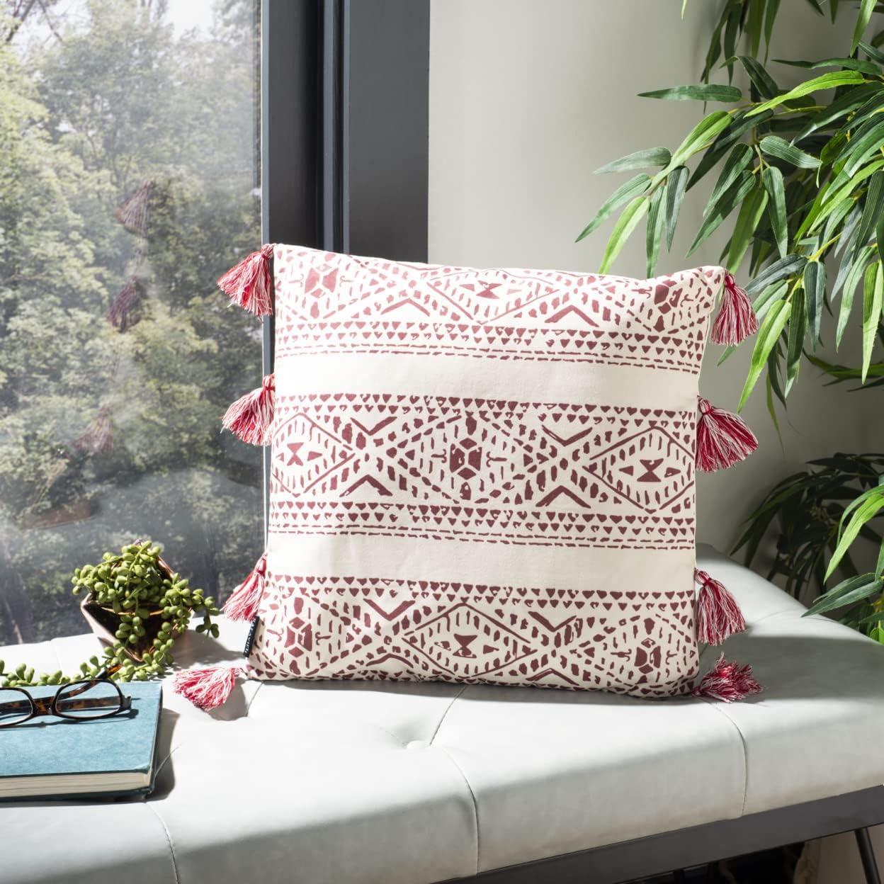 Landria 16" Beige and Red Geometric Throw Pillow with Tassels