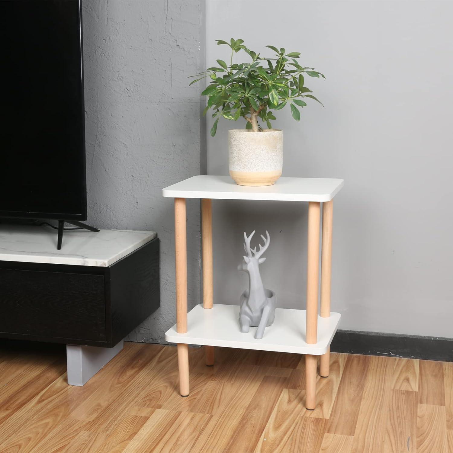 White and Beech Wood 2-Tier Rectangular Side Table