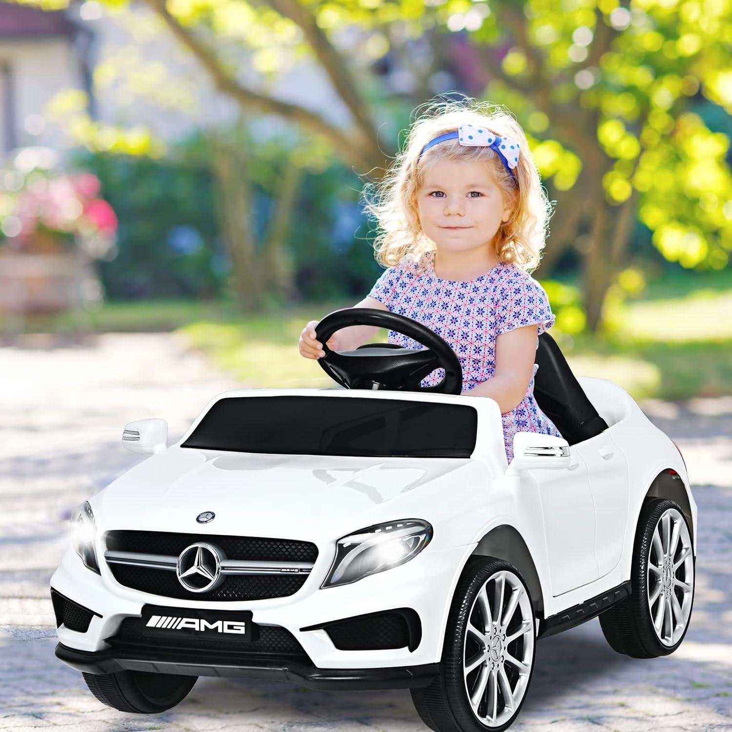 OLAKIDS 12V Electric Kids Ride On Car, Licensed Mercedes Benz GLA45 Toy Car with Remote Control, MP3 Plug, USB, 2 Speeds, LED Lights, Battery Powered Toy Vehicle for Toddler Children (White)