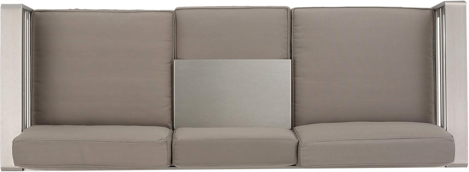 GDFStudio William Outdoor Aluminum 3 Seater Loveseat Sofa with Tray, Silver/Light Gray