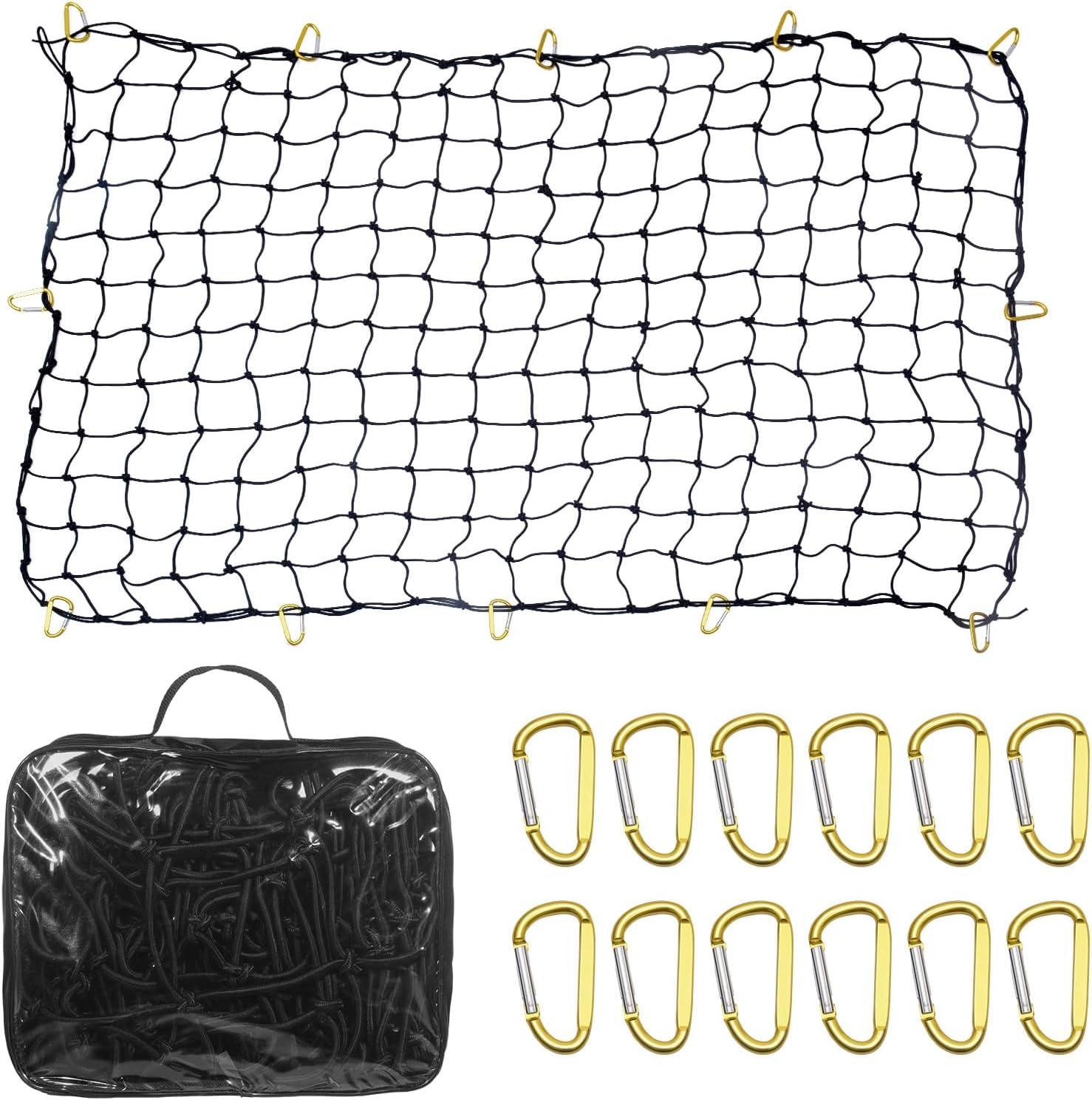 VEVOR Cargo Net for Pickup Truck Bed 4' x 6' Stretches to 7.2' x 10.8', Small 4"x4" Latex Bungee Net Mesh with 12 Steel D-Shaped Carabiners, Storage Bag, Suitable for Pickup, Jeep, SUV, Trailer