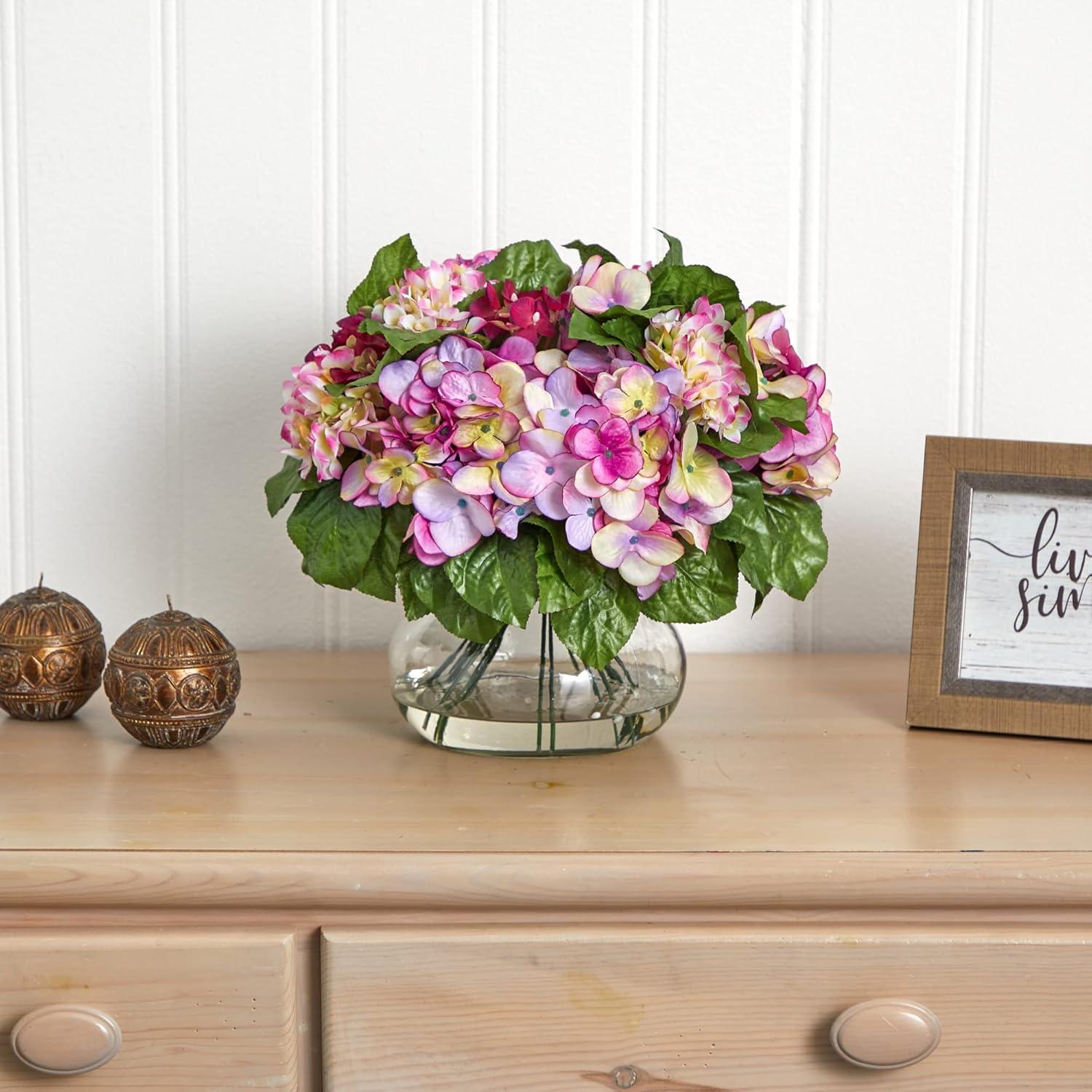 Nearly Natural 15" x 14" Artificial Hydrangea Arrangement with Glass Vase Pink: Faux Floral Decor, Indoor Spring Display