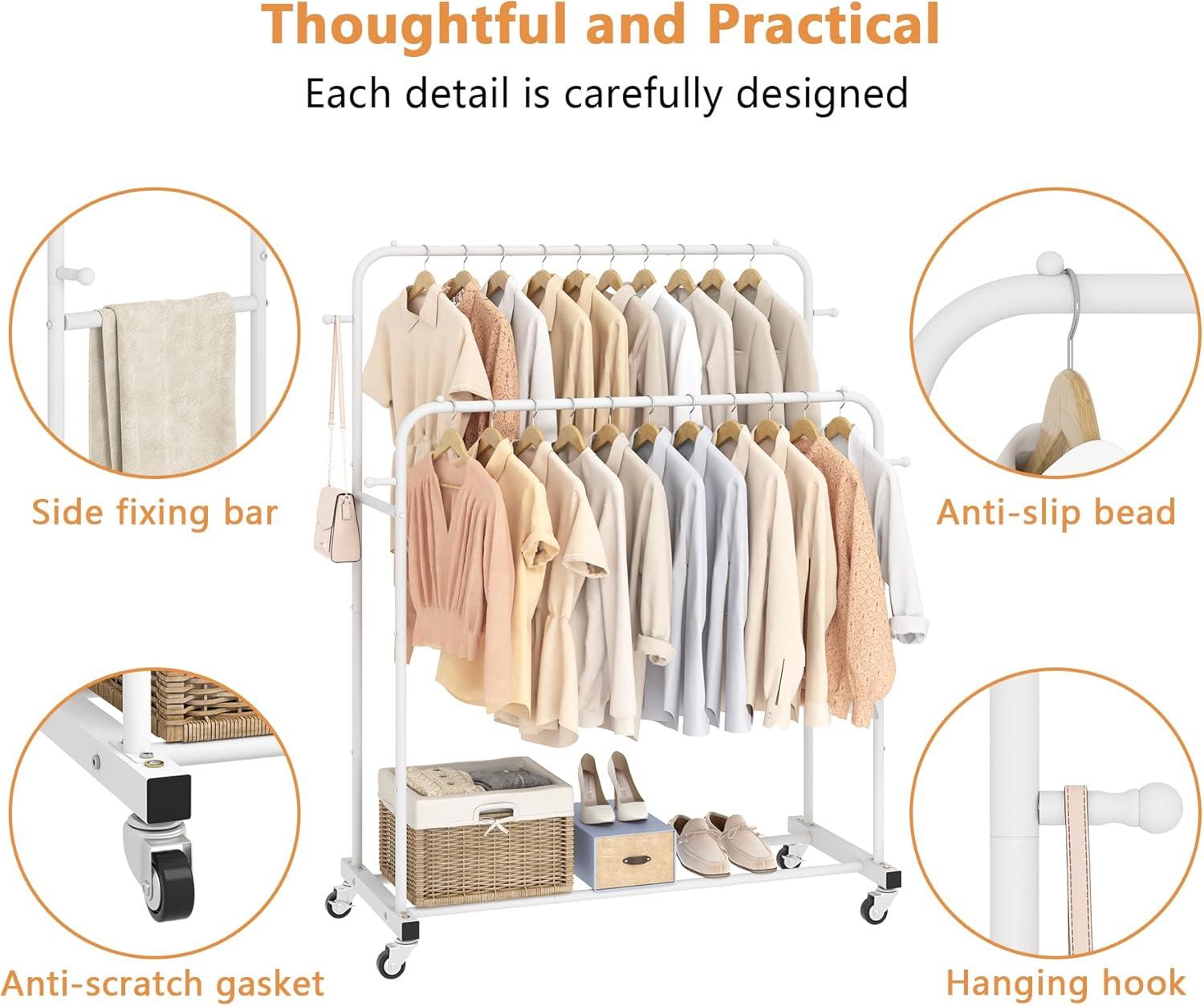 Laiensia Double Rods Garment Rack with Wheels, Clothing Rack for Hanging Clothes,4 Hooks, Multi-functional Bedroom Clothes Rack, White