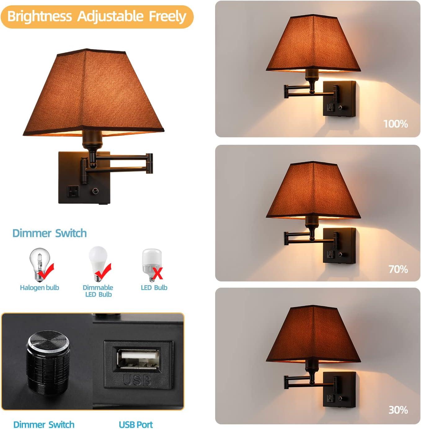 Black Swing Arm Wall Lamp with Fabric Shade and USB Port