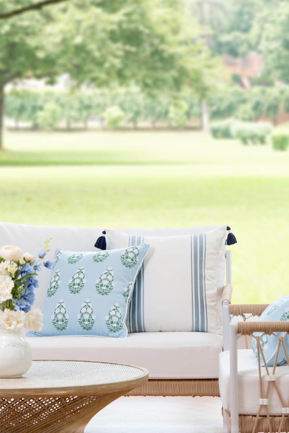 Hofdeco Premium Coastal Patio Indoor Outdoor Throw Pillow Cover Only, 18"x18" Water Repellent for Backyard, Couch, Baby Blue White Green Floral with Piping