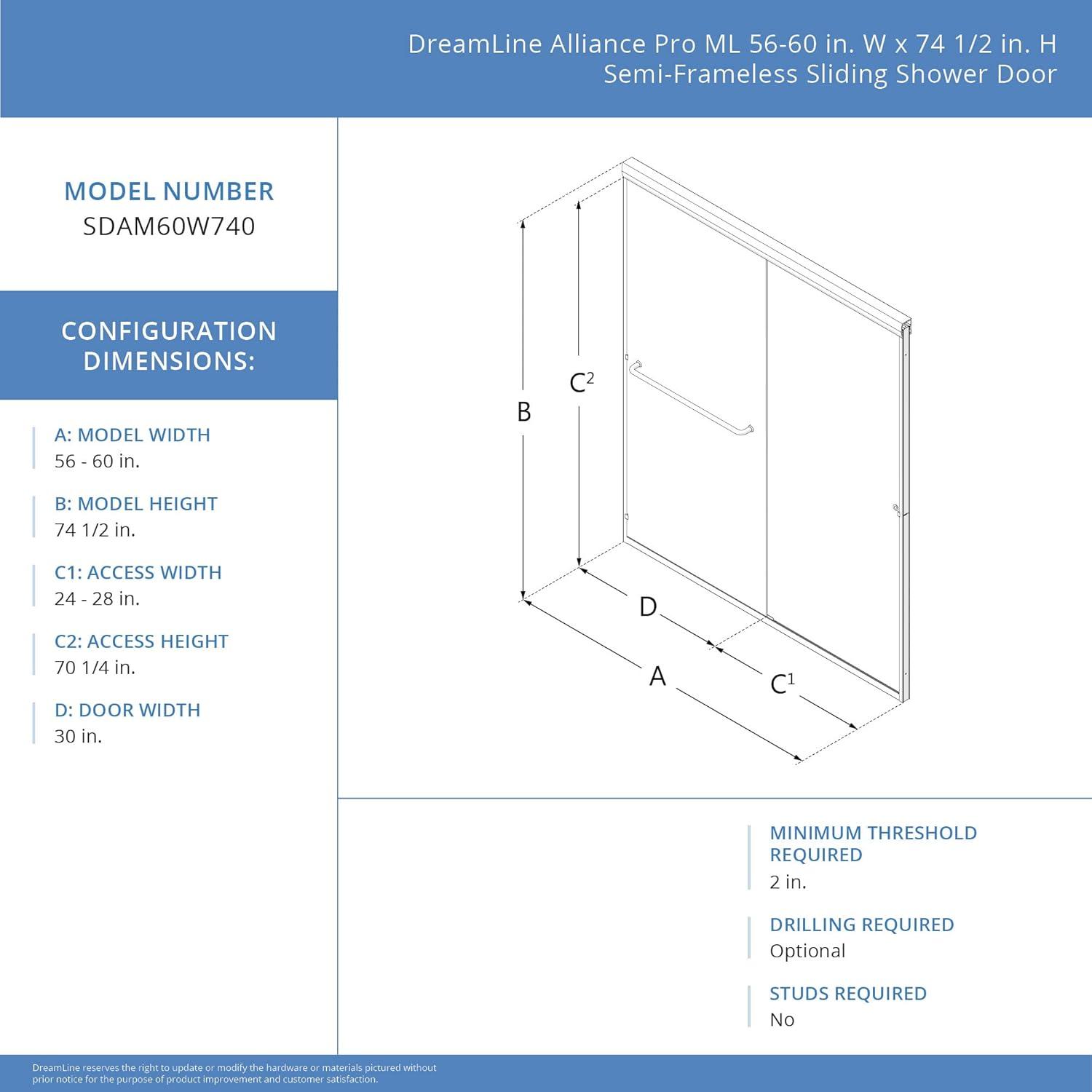 DreamLine Alliance Pro ML 56-60 in. W x 74 1/2 in. H Semi-Frameless Sliding Shower Door