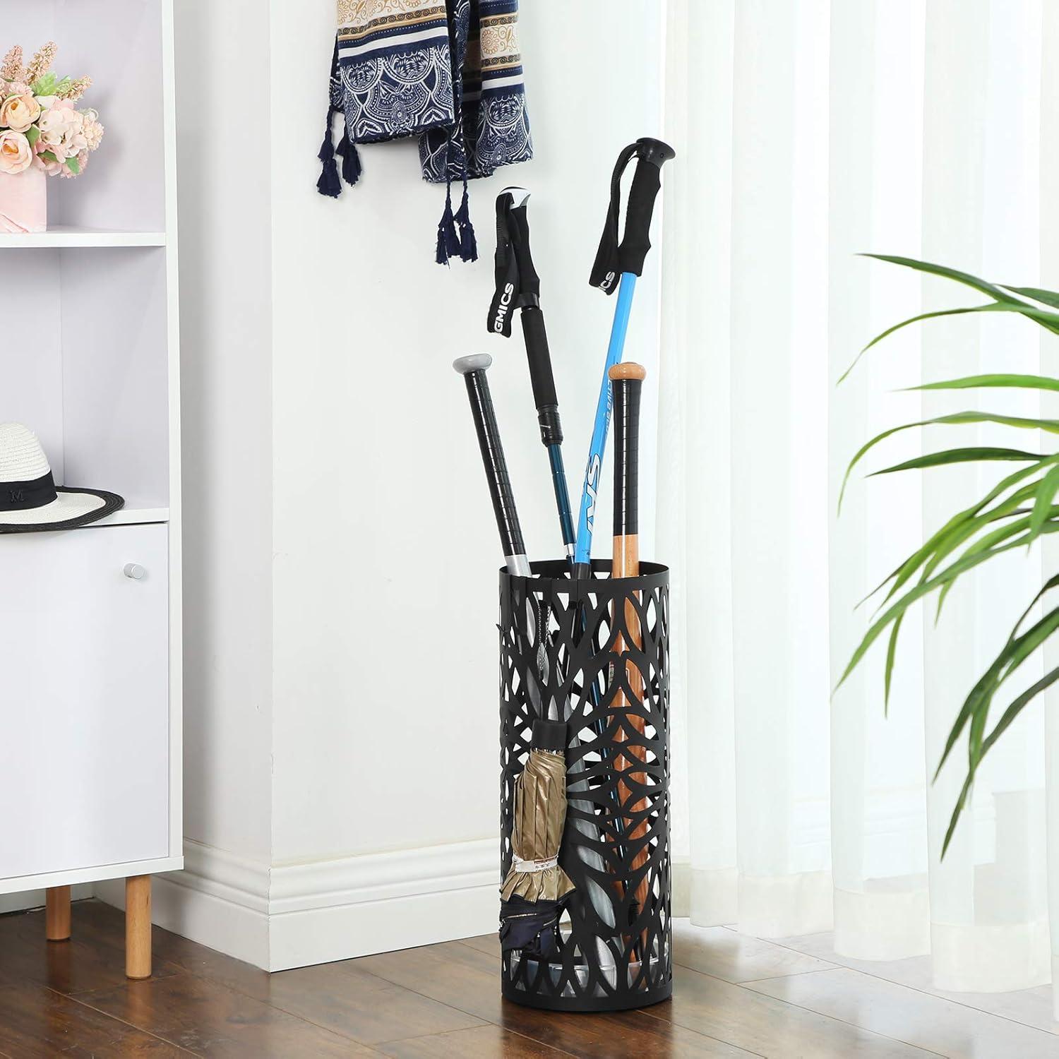 Black Metal Round Pedestal Umbrella Stand with Hooks